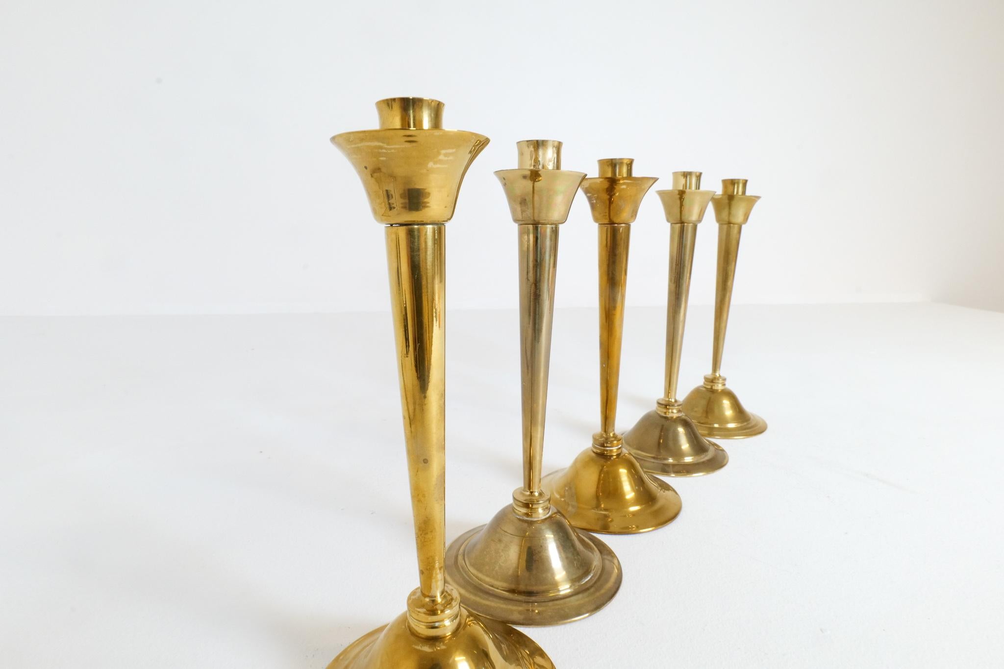 Midcentury Set of 5 Candlesticks in Brass by Lars Holmström Arvika, Sweden For Sale 6