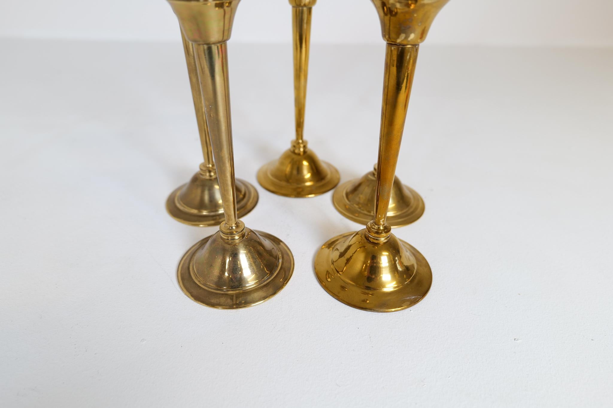 Mid-20th Century Midcentury Set of 5 Candlesticks in Brass by Lars Holmström Arvika, Sweden For Sale