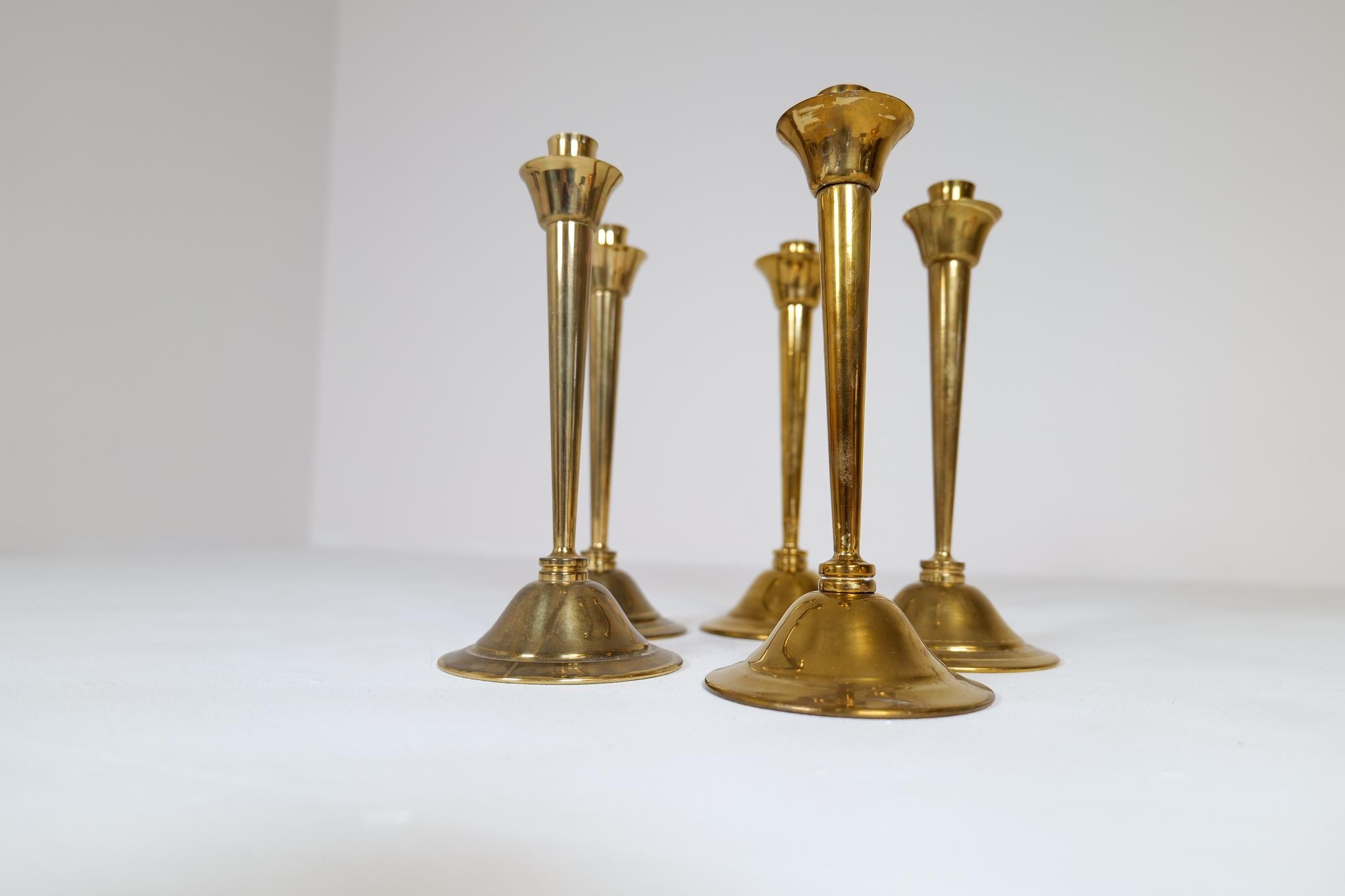 Midcentury Set of 5 Candlesticks in Brass by Lars Holmström Arvika, Sweden For Sale 1