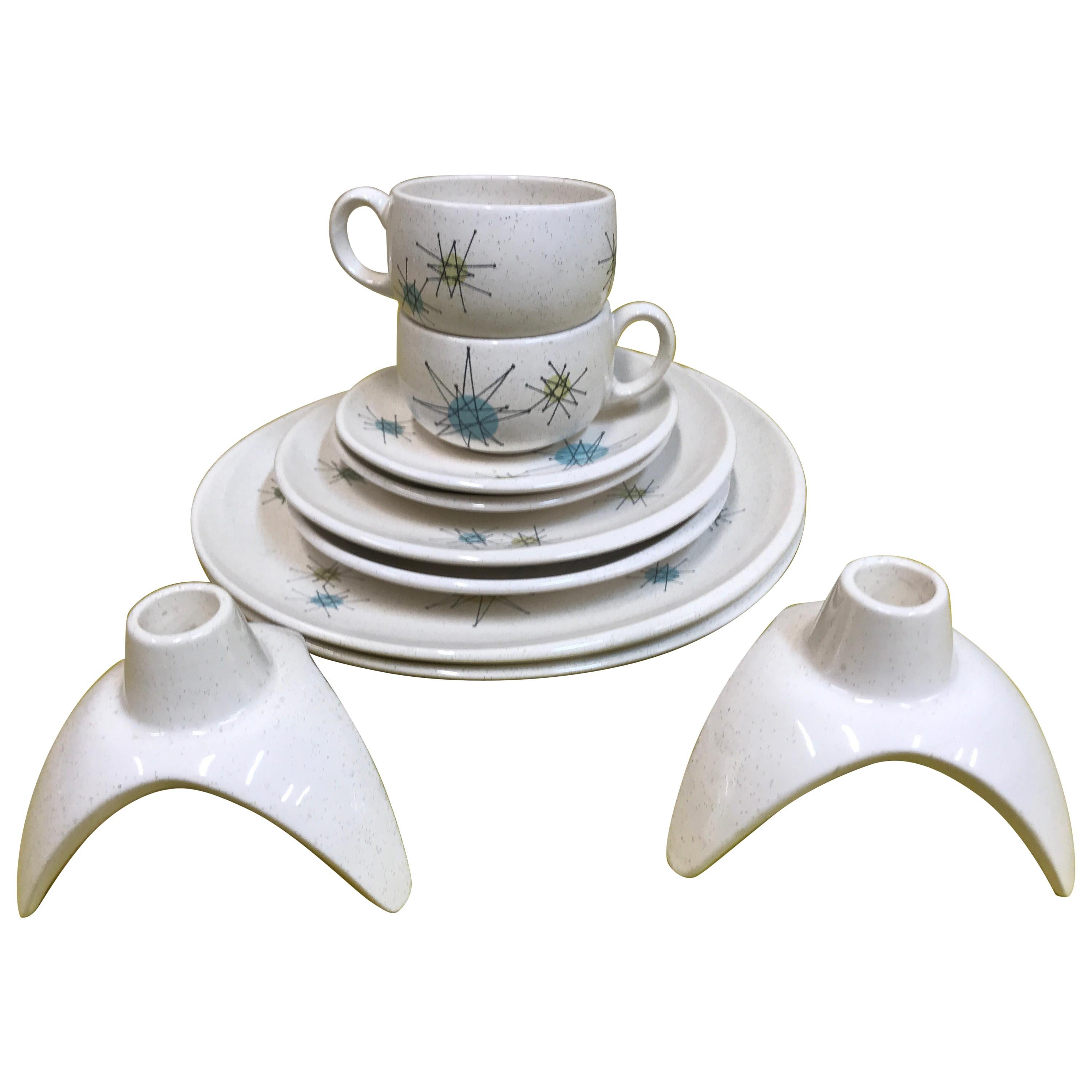 Midcentury Set of 5 Franciscan Starburst Dinnerware with Matching Candleholders