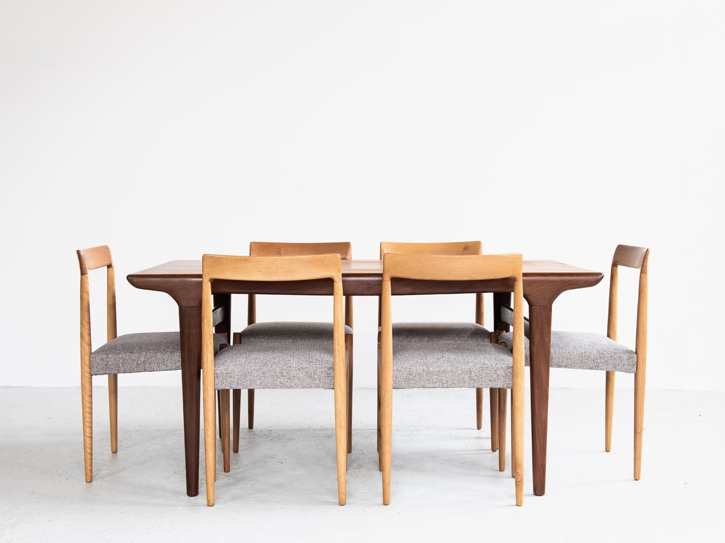 Midcentury Set of 6 Chairs by Lübke in Solid Wood with New Grey Fabric 2