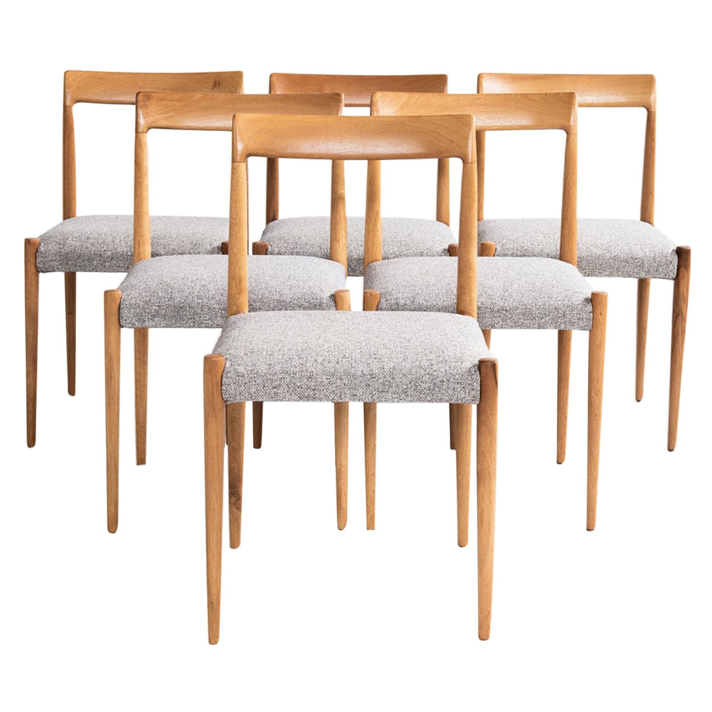 Midcentury Set of 6 Chairs by Lübke in Solid Wood with New Grey Fabric
