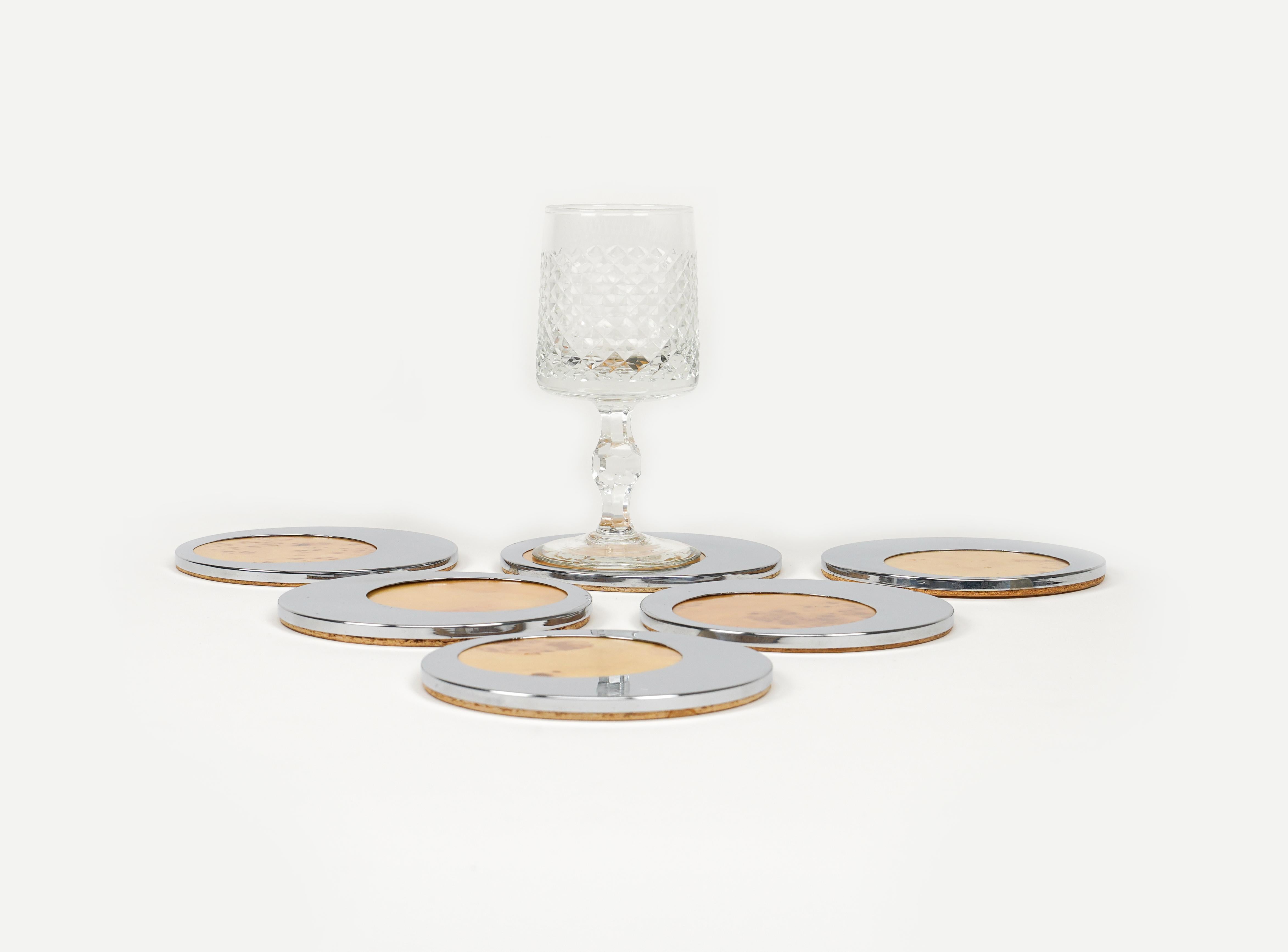 Midcentury Set of 6 Coasters in chrome and Wood  Willy Rizzo Style, Italy 1970s For Sale 3