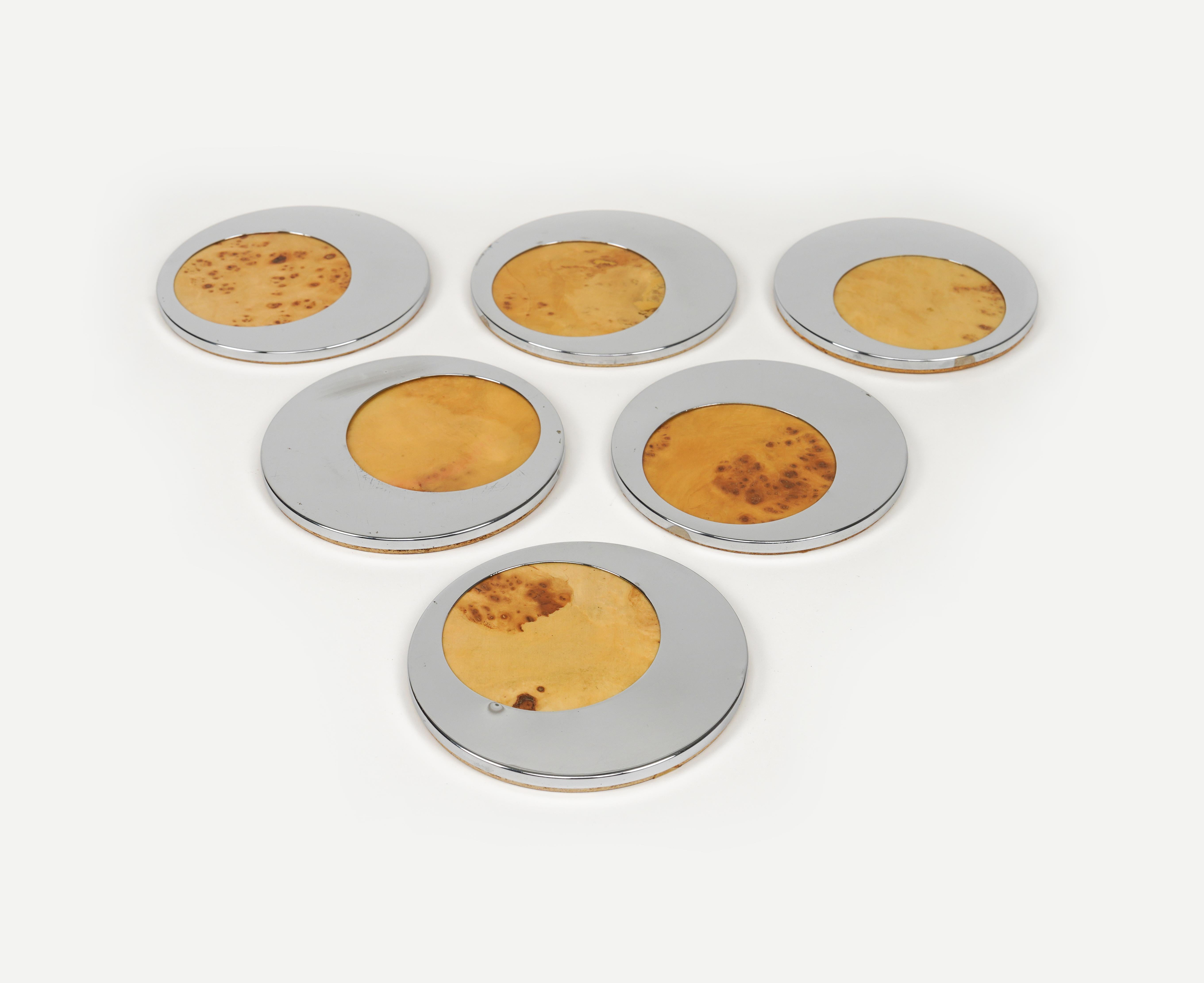 Midcentury Set of 6 Coasters in chrome and Wood  Willy Rizzo Style, Italy 1970s For Sale 8