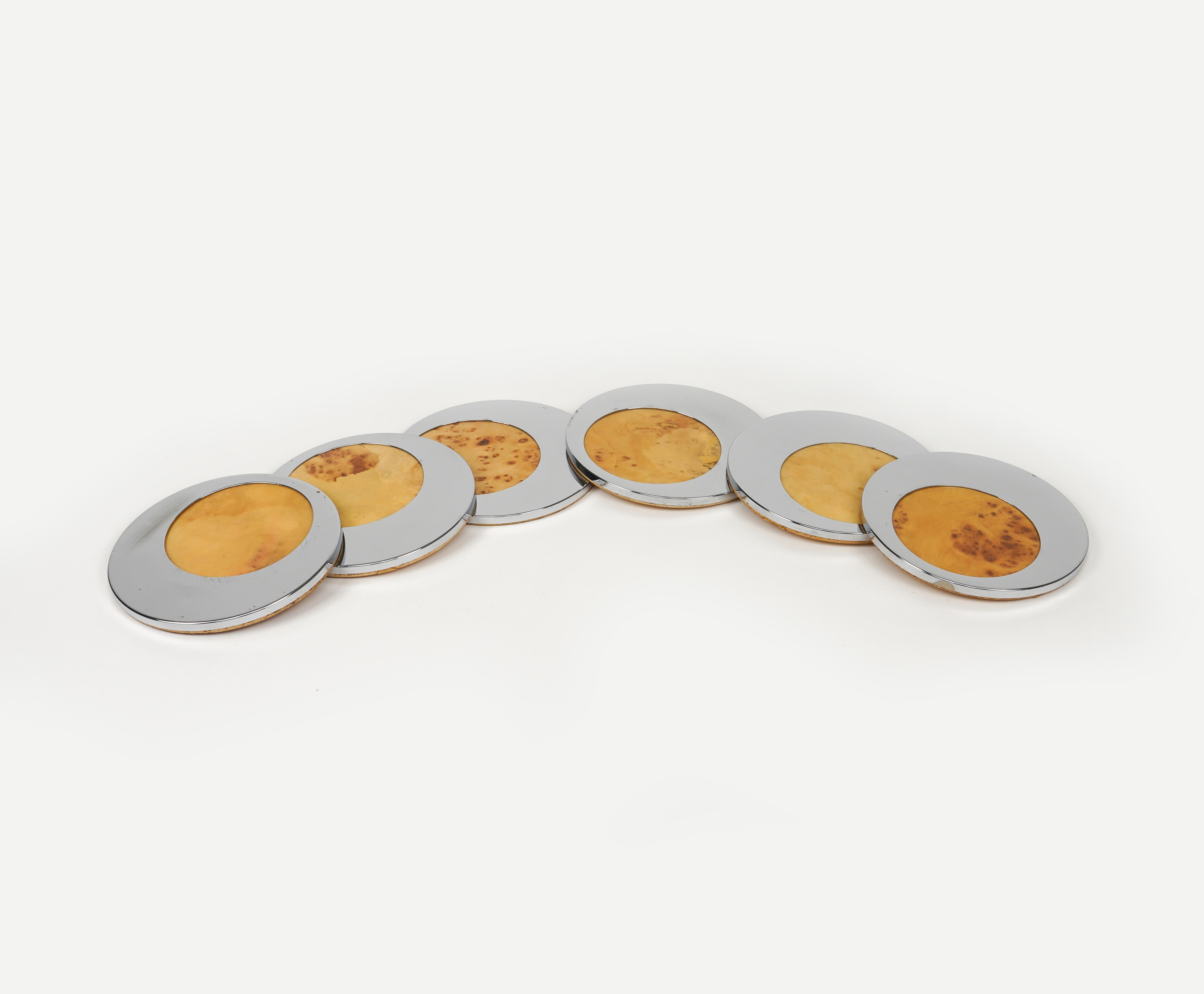 Midcentury Set of 6 Coasters in chrome and Wood  Willy Rizzo Style, Italy 1970s In Good Condition For Sale In Rome, IT