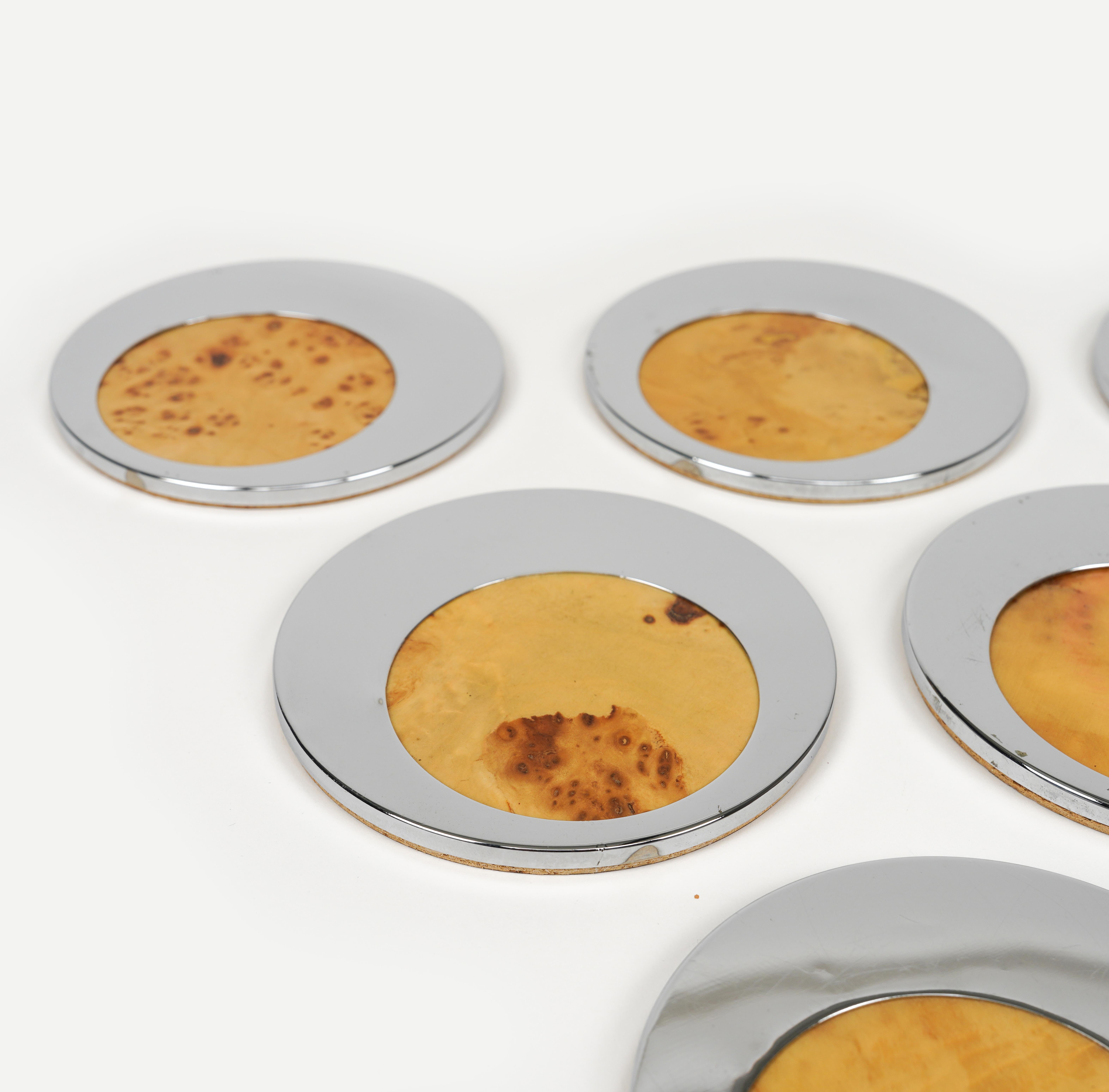 Late 20th Century Midcentury Set of 6 Coasters in chrome and Wood  Willy Rizzo Style, Italy 1970s For Sale