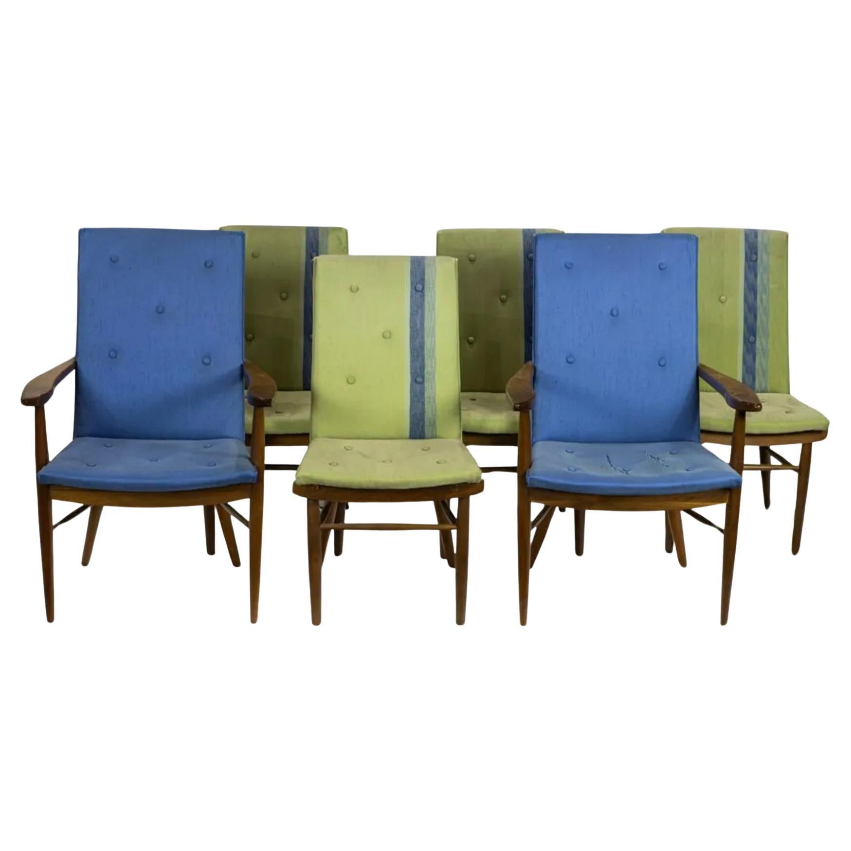 Rare ensemble de 6 chaises de salle à manger modèle 206-W en noyer conçues par George Nakashima. Ligne 'Origins', pour John Widdicomb Furniture Co, Grand Rapids, MI, années 1950. Noyer noir et tapisserie d'origine, comprenant deux chaises à
