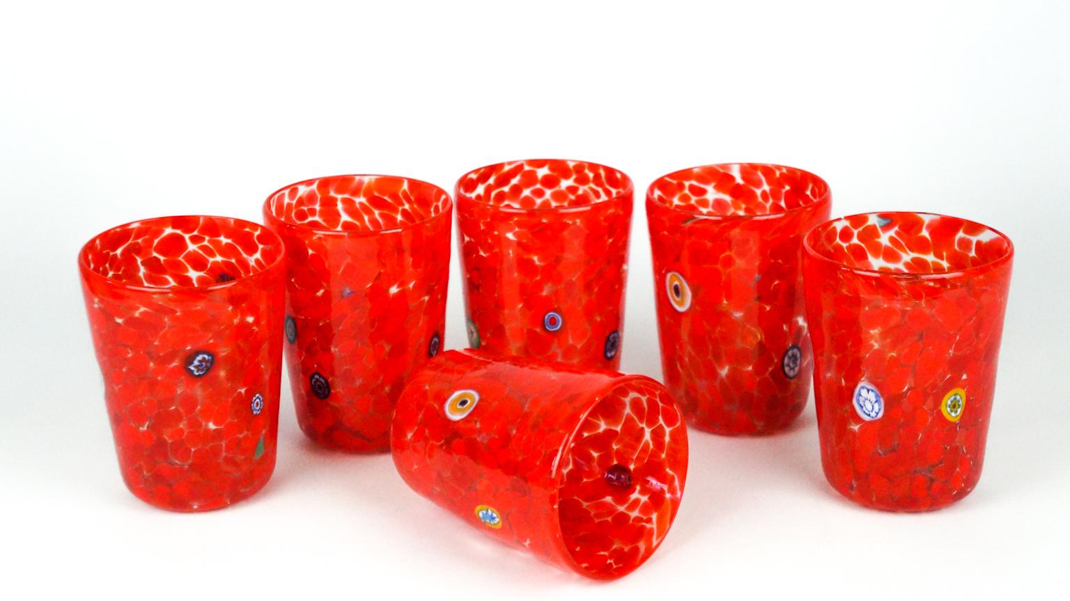 Ensemble de 6 gobelets à boire « Goti De Fornasa » de Murano rouges du milieu du siècle, 1998 en vente 3