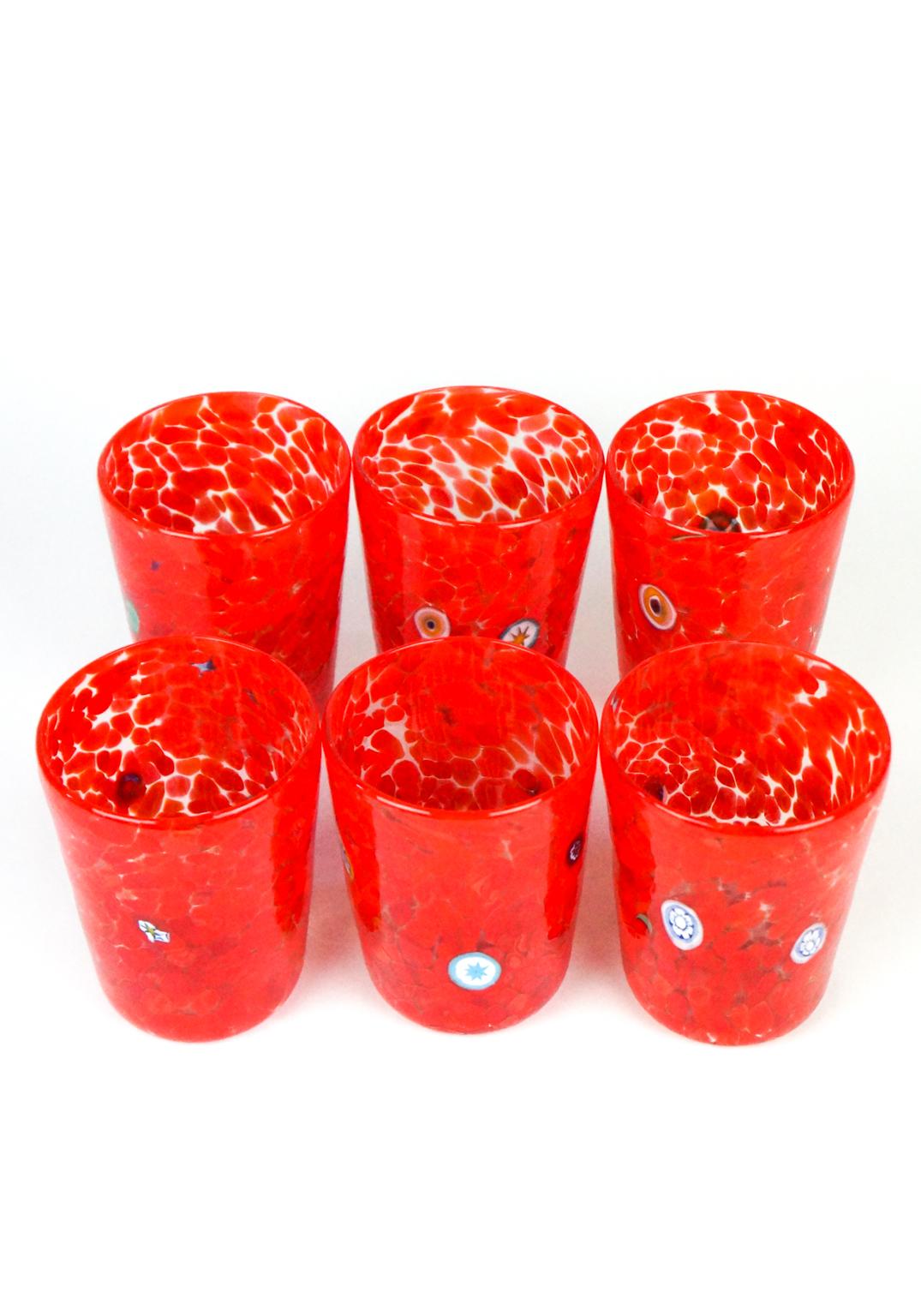 Set of red glasses with Millefiori murrina decoration.
This set is called 