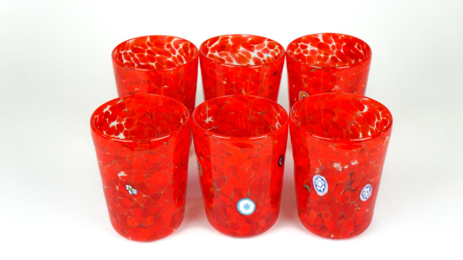 Mid-Century Modern Ensemble de 6 gobelets à boire « Goti De Fornasa » de Murano rouges du milieu du siècle, 1998 en vente