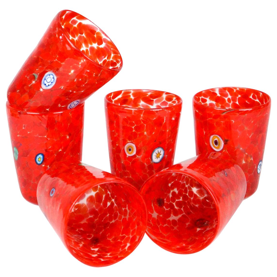 Midcentury Set of 6 "Goti De Fornasa" Red Murano Drinking Glasses Tumbler, 1998 For Sale