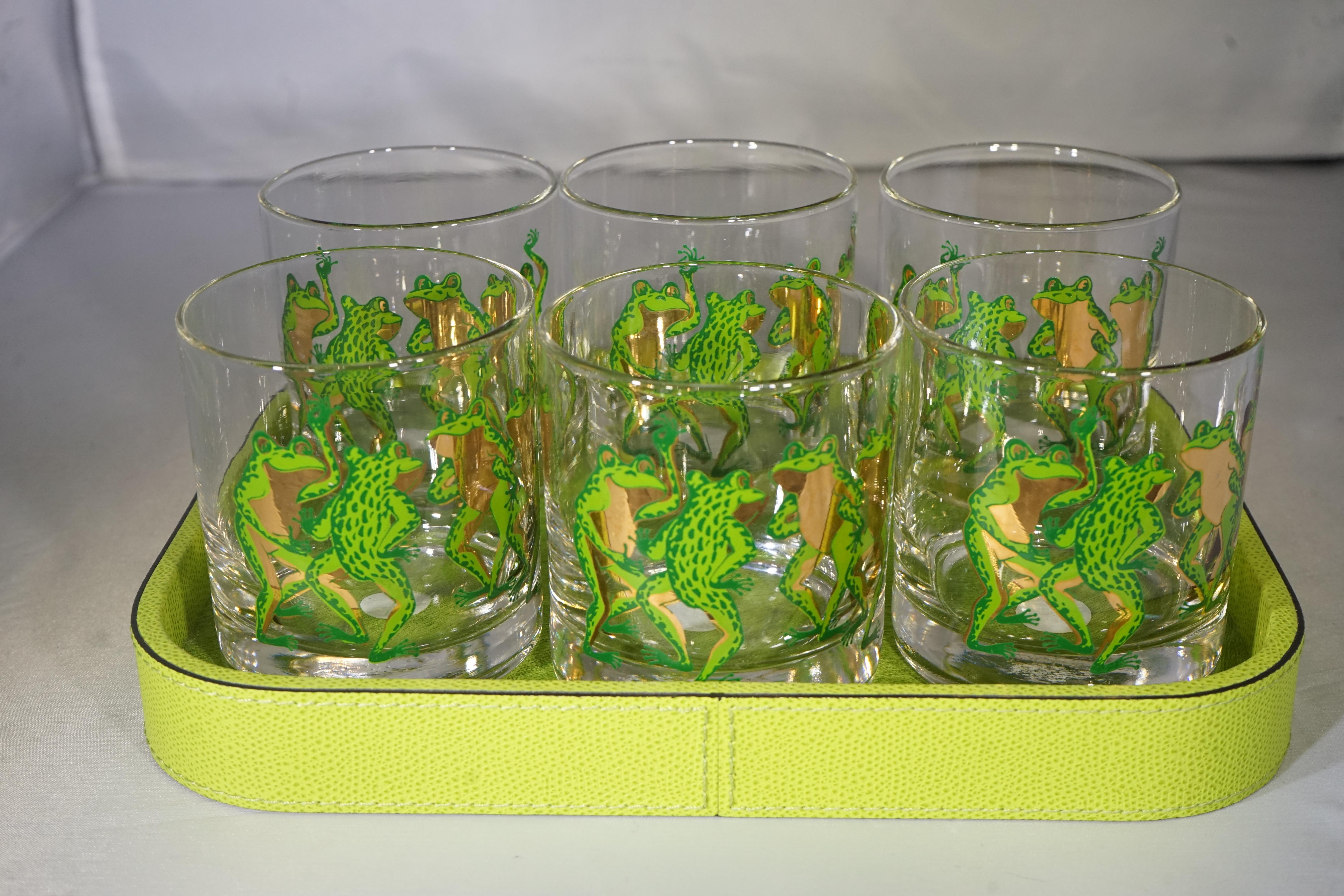 Set of 8 Mid-Century Modern old fashion glasses featuring a green and bronze dancing frog design by Couroc.