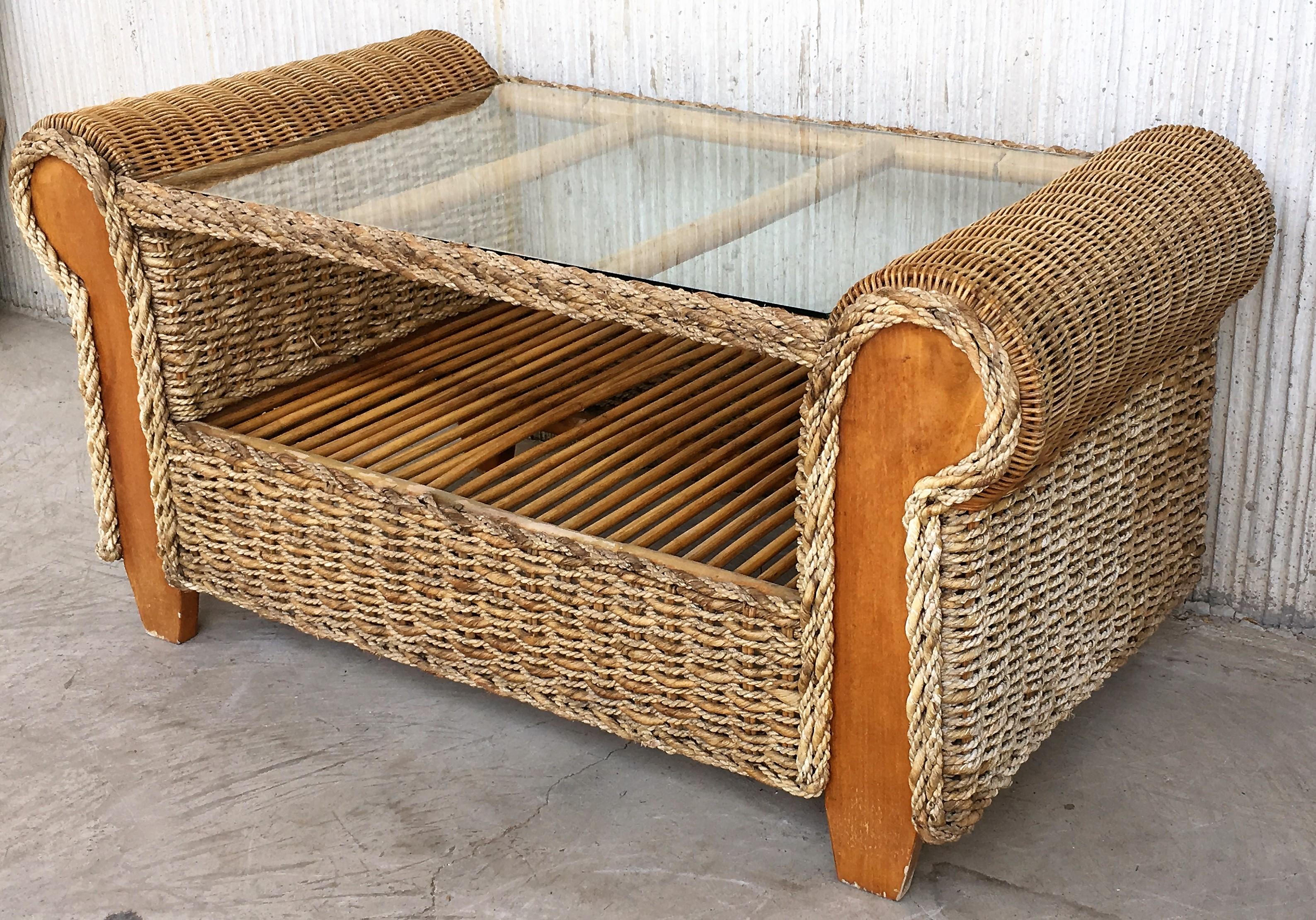 Midcentury Set of Big Armchairs with Matching Coffee Table, Rattan and Wood For Sale 4