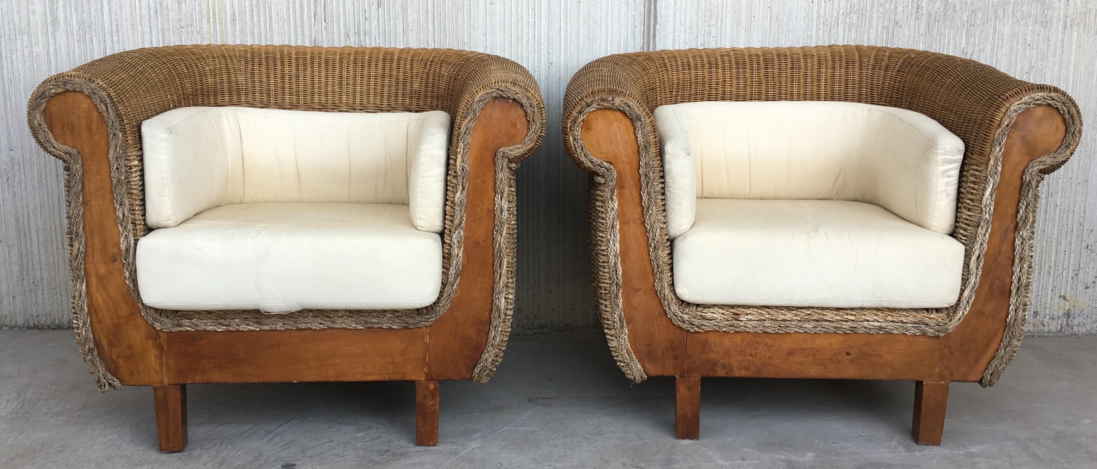 Mid-Century Modern Midcentury Set of Big Armchairs with Matching Coffee Table, Rattan and Wood For Sale