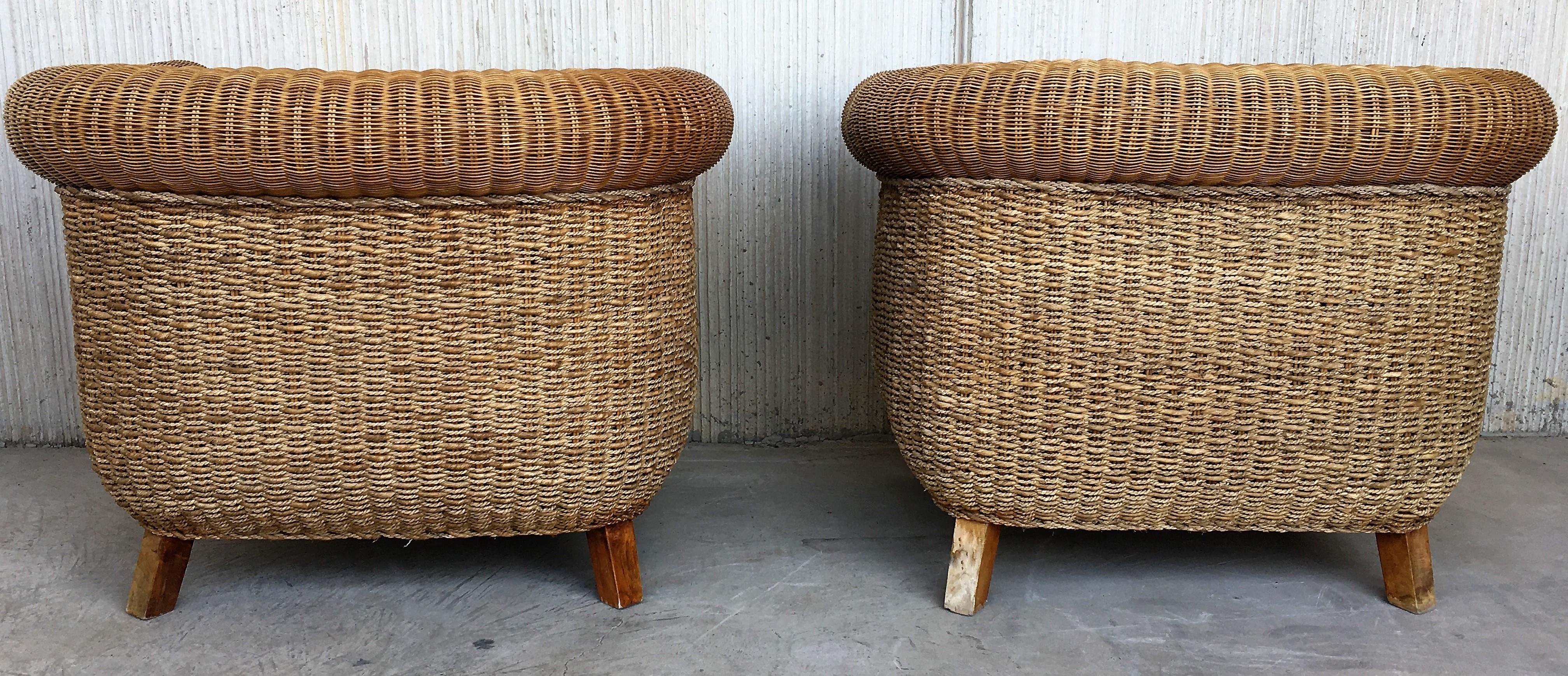 20th Century Midcentury Set of Big Armchairs with Matching Coffee Table, Rattan and Wood For Sale