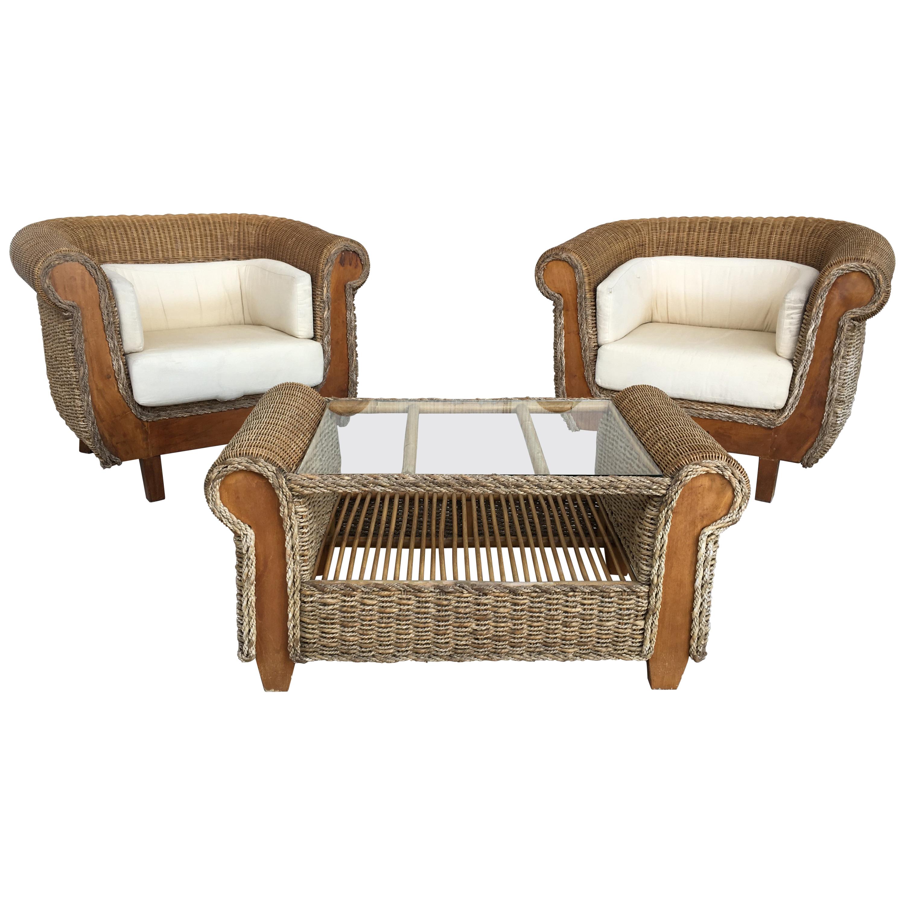 Midcentury Set of Big Armchairs with Matching Coffee Table, Rattan and Wood For Sale