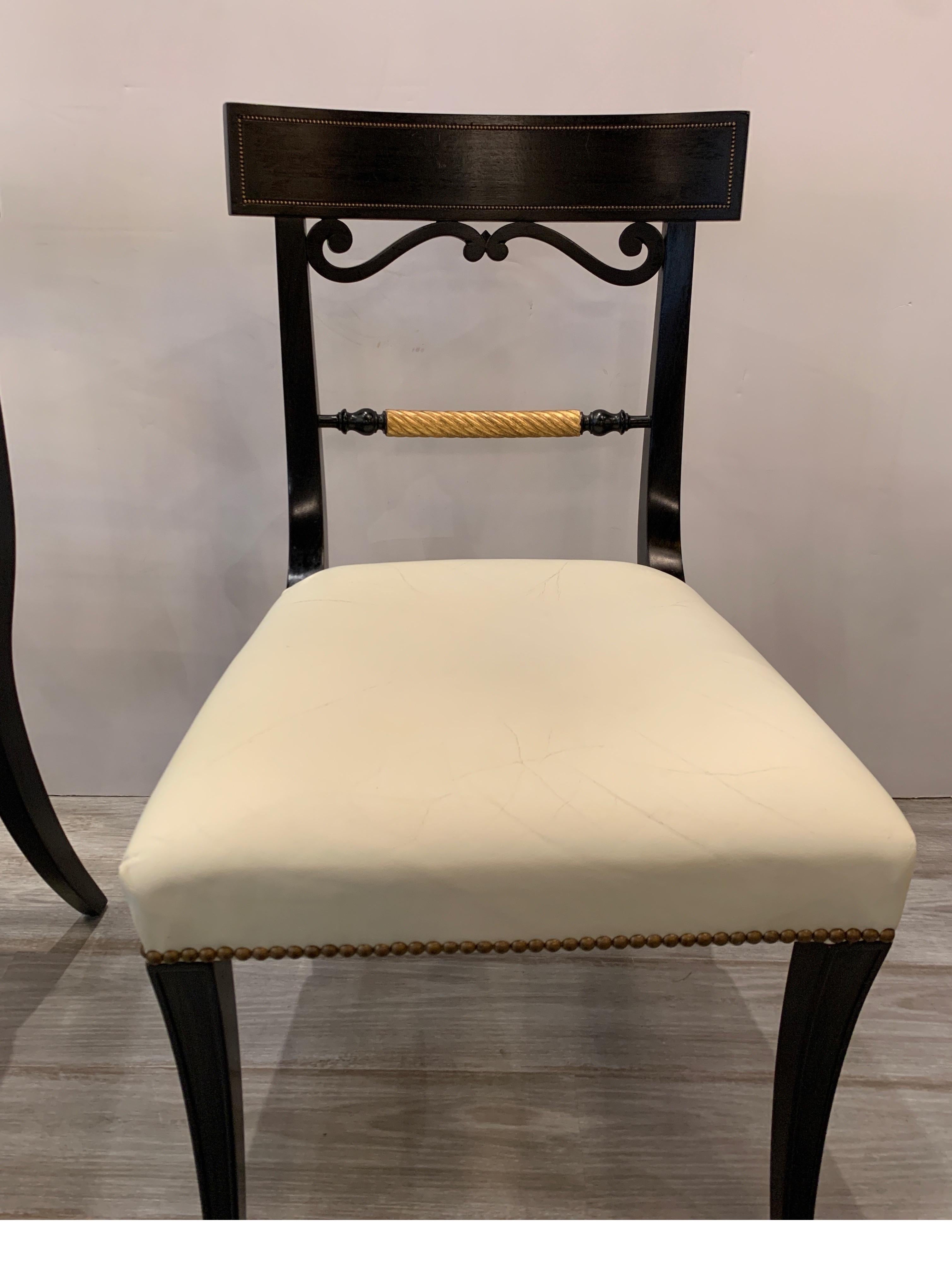 Midcentury Set of Eight Regency Style Ebonized and Gilt Dining Chairs 4