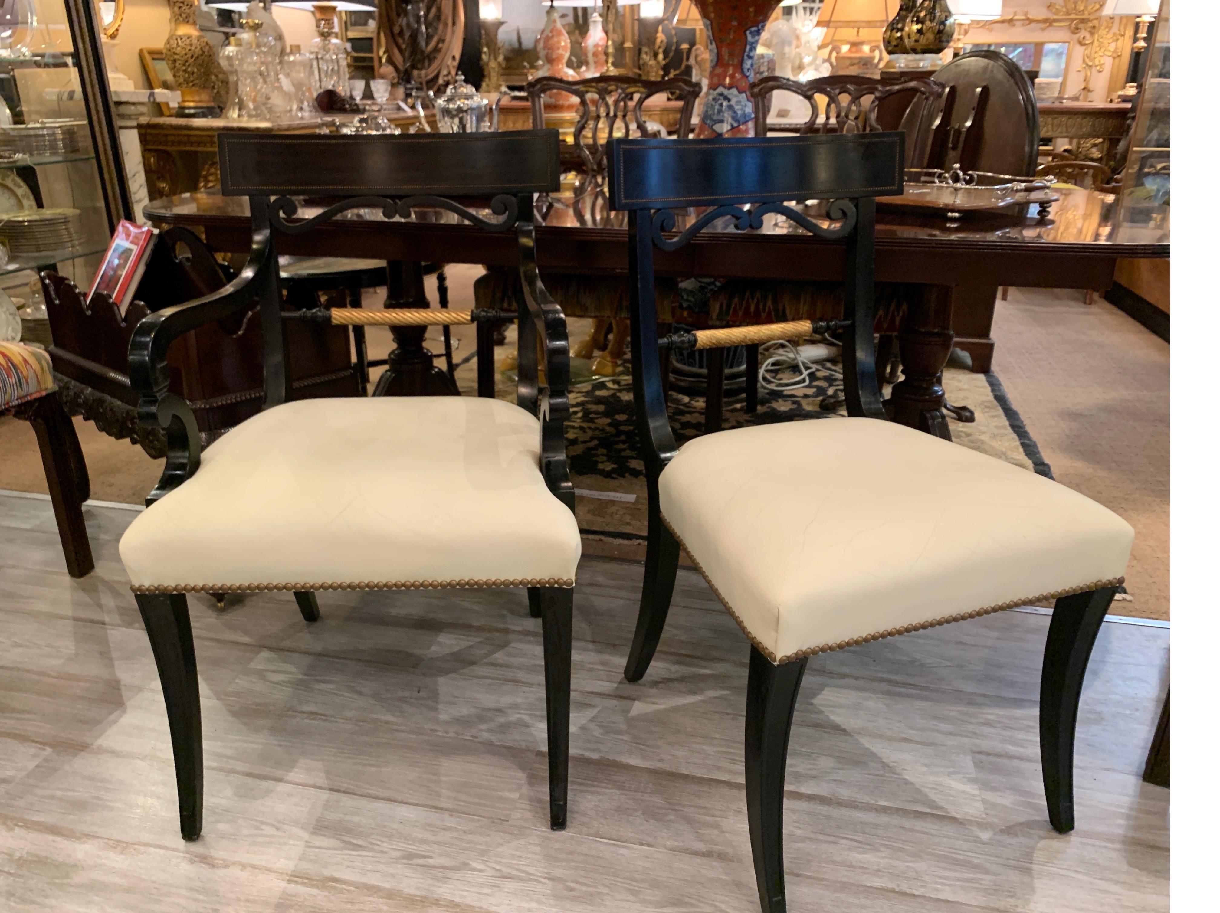 Midcentury Set of Eight Regency Style Ebonized and Gilt Dining Chairs 10