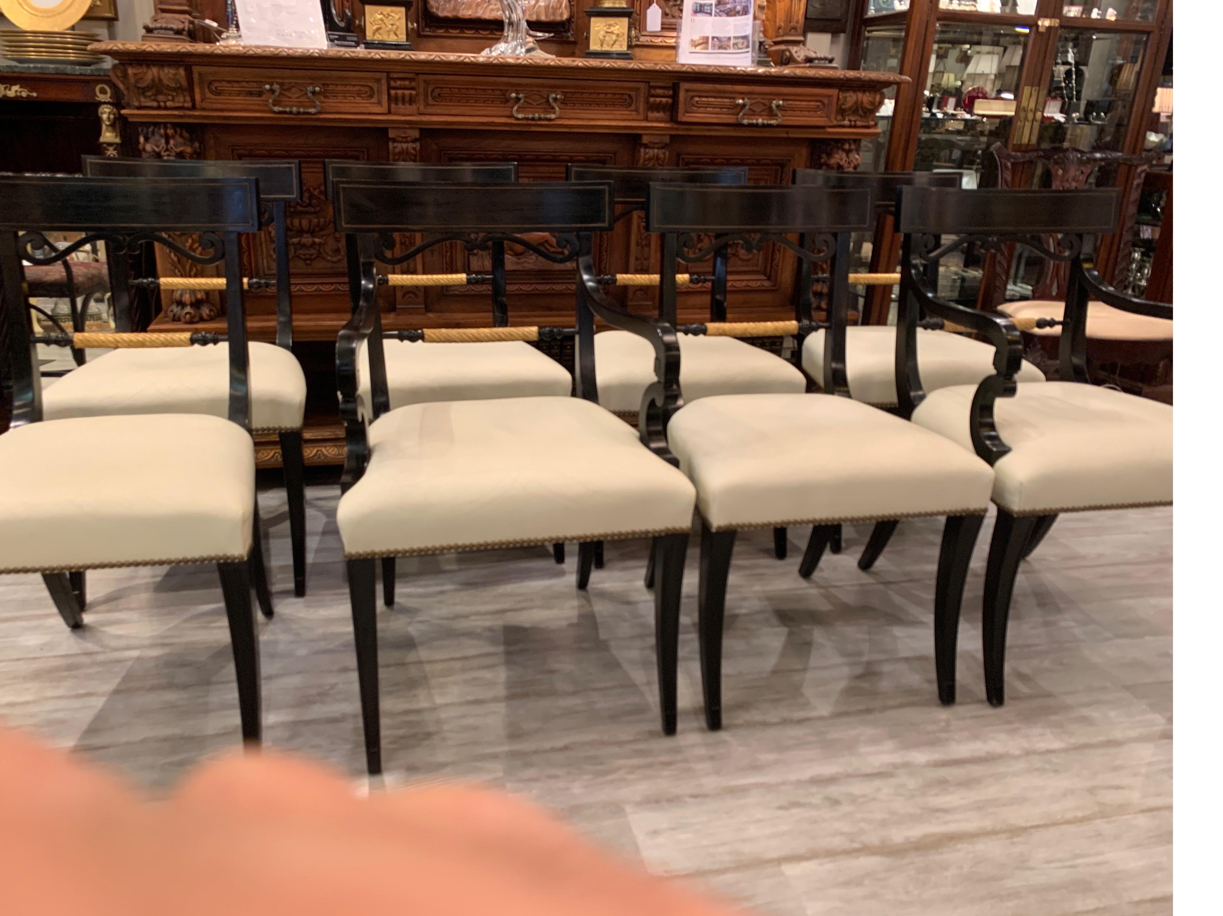 Midcentury Set of Eight Regency Style Ebonized and Gilt Dining Chairs 11