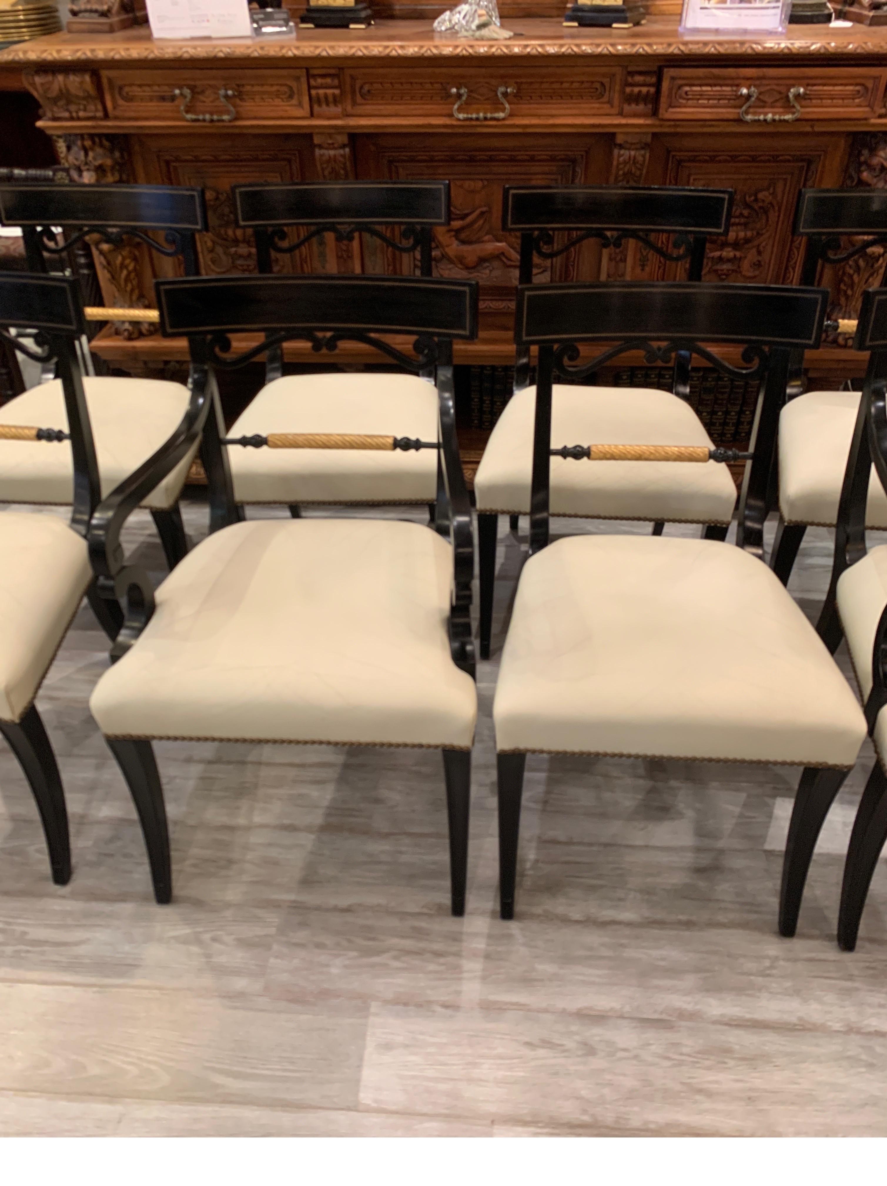 Midcentury Set of Eight Regency Style Ebonized and Gilt Dining Chairs 12