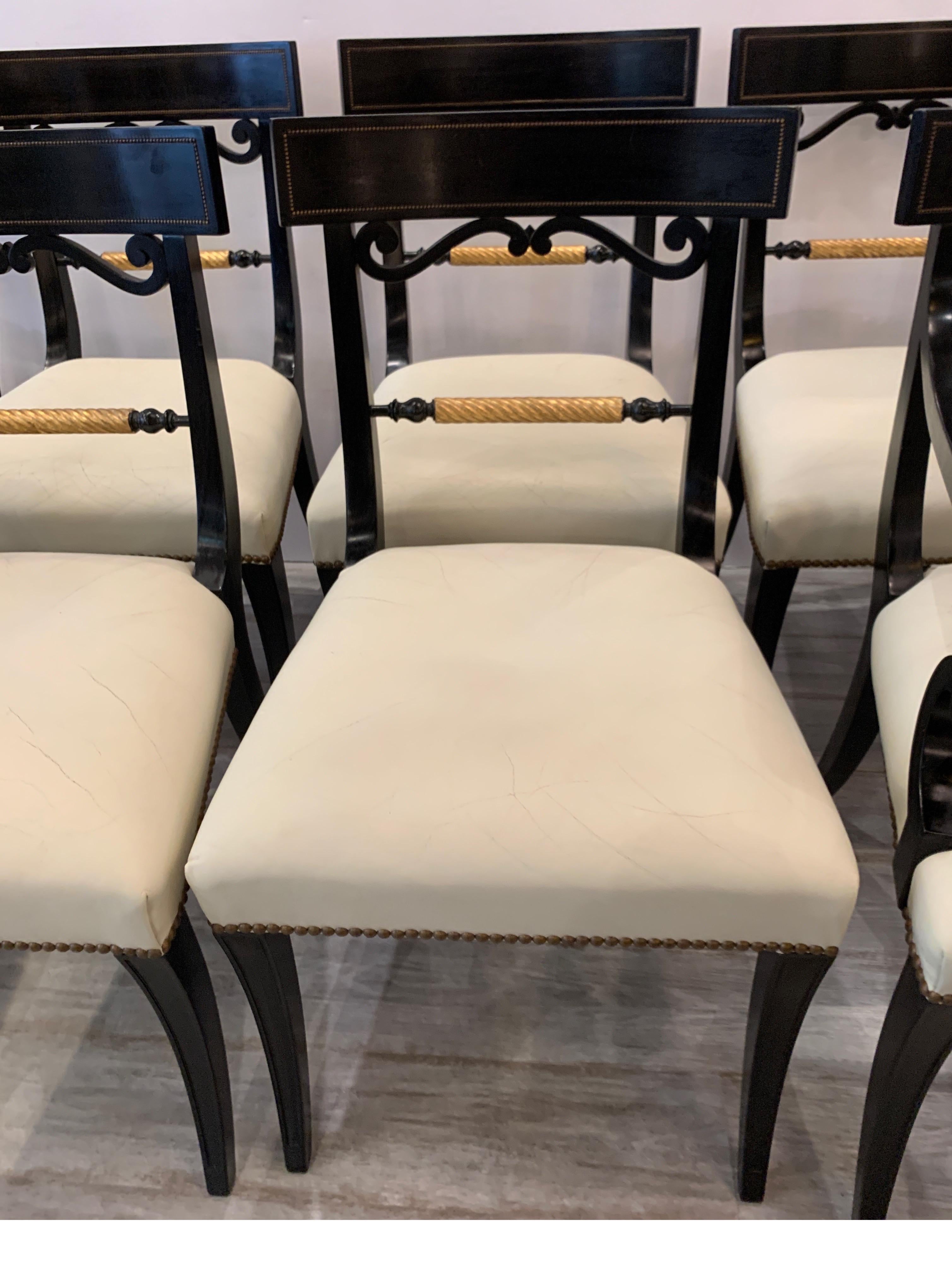 American Midcentury Set of Eight Regency Style Ebonized and Gilt Dining Chairs