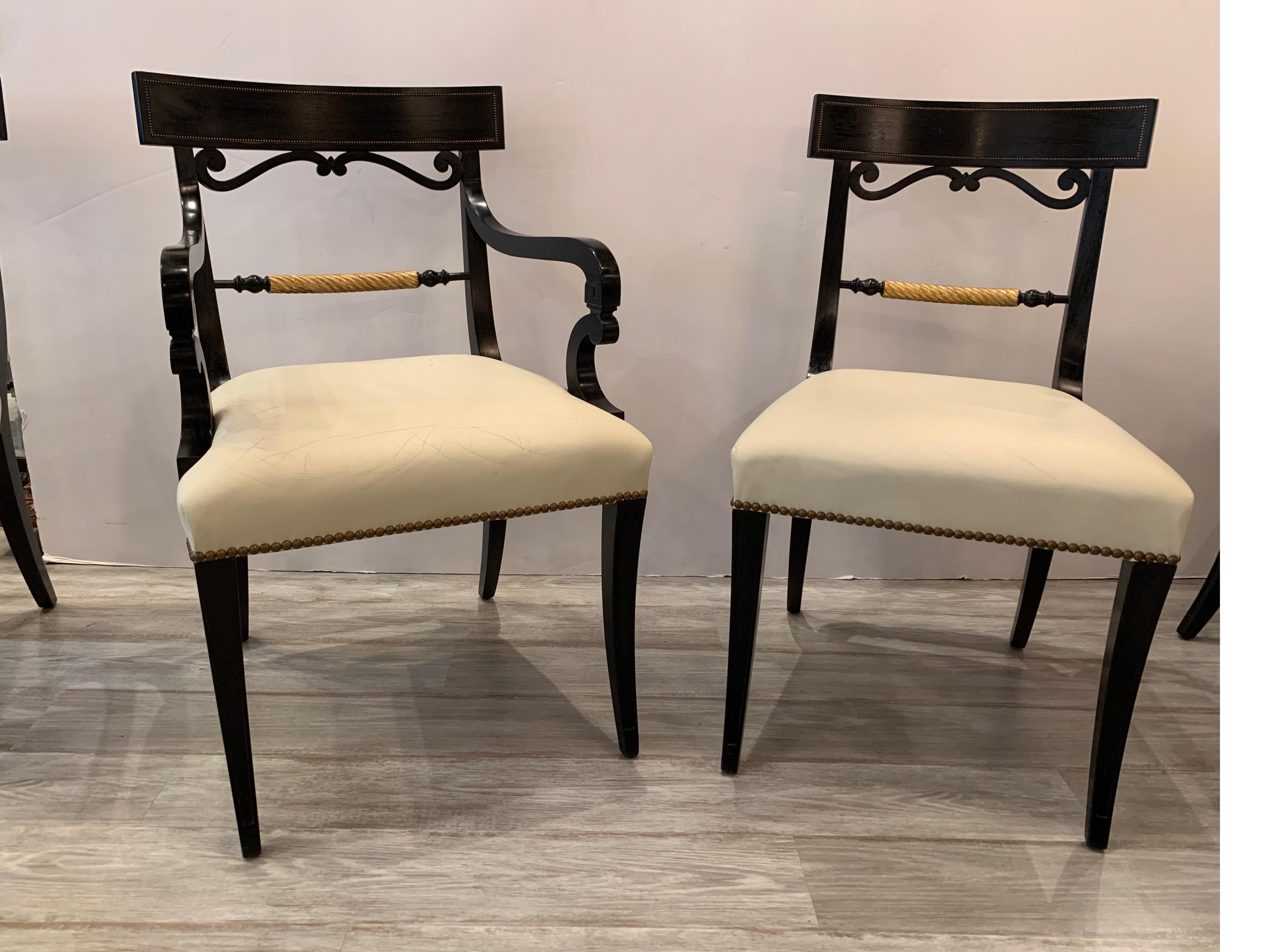 Midcentury Set of Eight Regency Style Ebonized and Gilt Dining Chairs In Good Condition In Lambertville, NJ