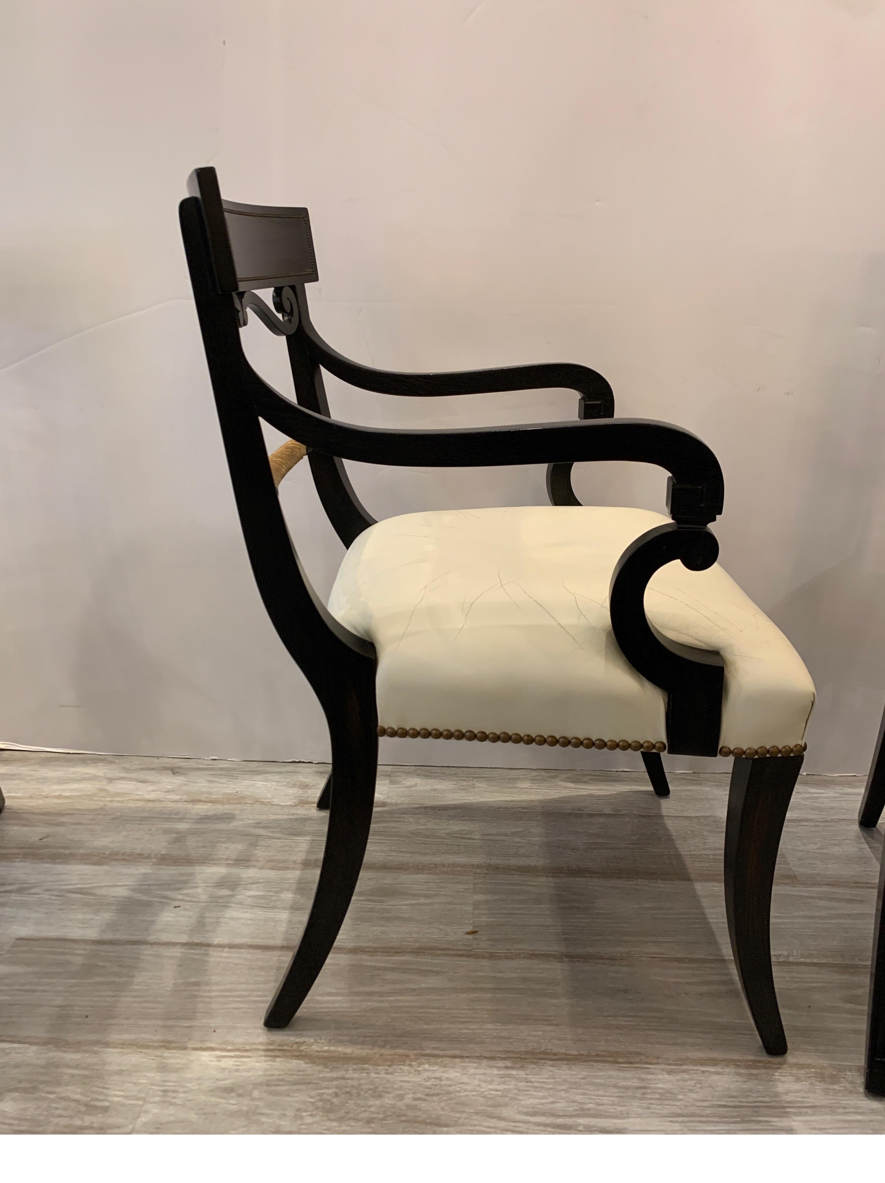 Hardwood Midcentury Set of Eight Regency Style Ebonized and Gilt Dining Chairs
