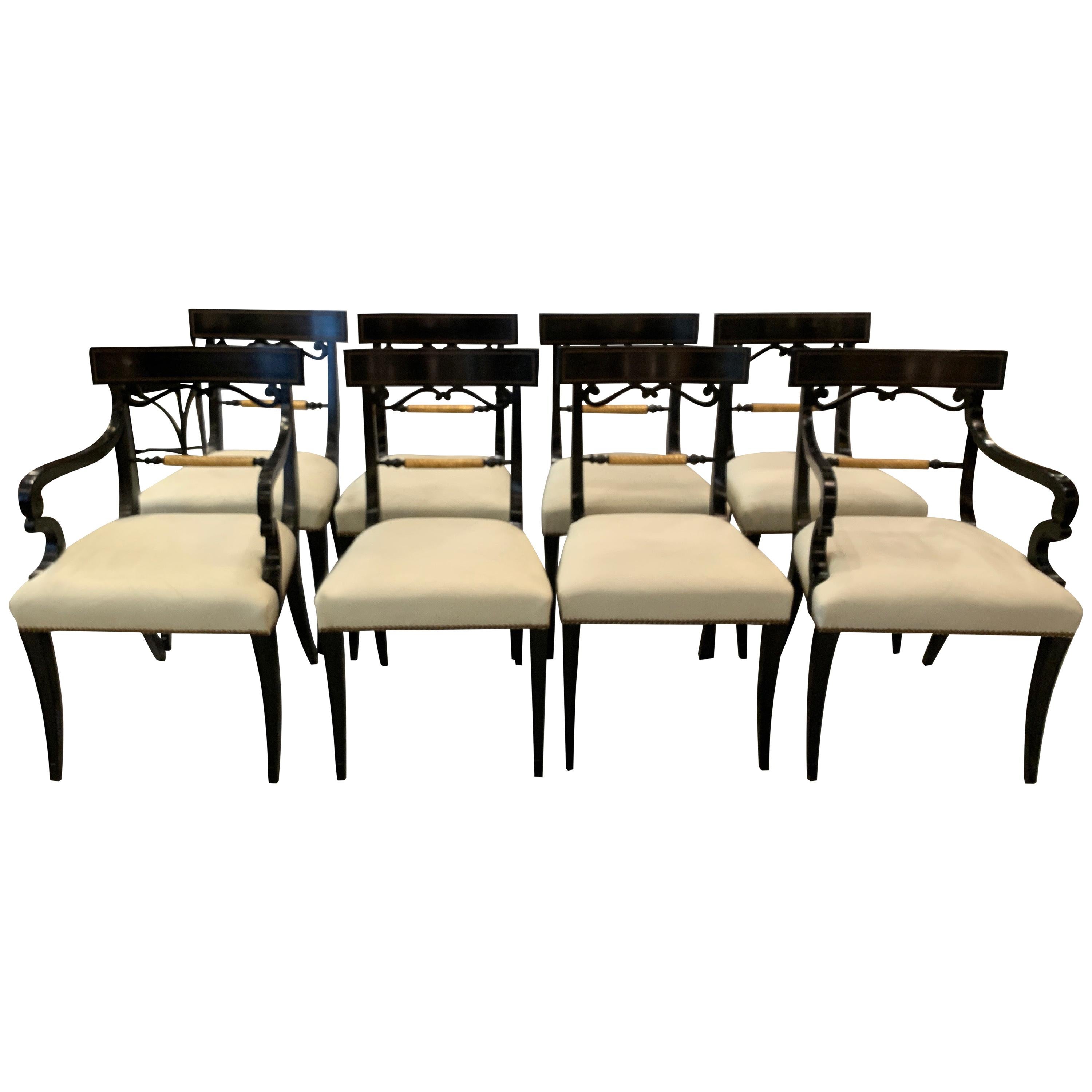 Midcentury Set of Eight Regency Style Ebonized and Gilt Dining Chairs