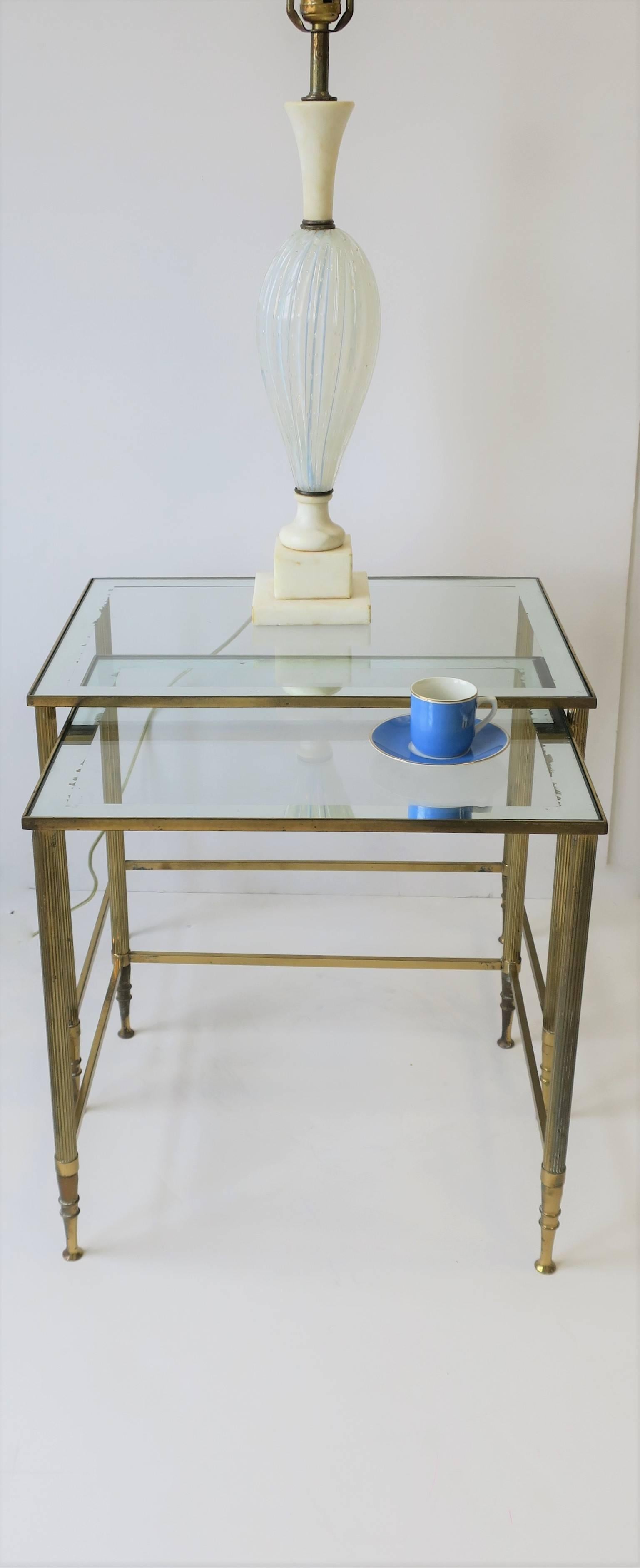 Italian Brass Glass Nesting End Tables Directoire Maison Jansen Style, Set In Good Condition For Sale In New York, NY