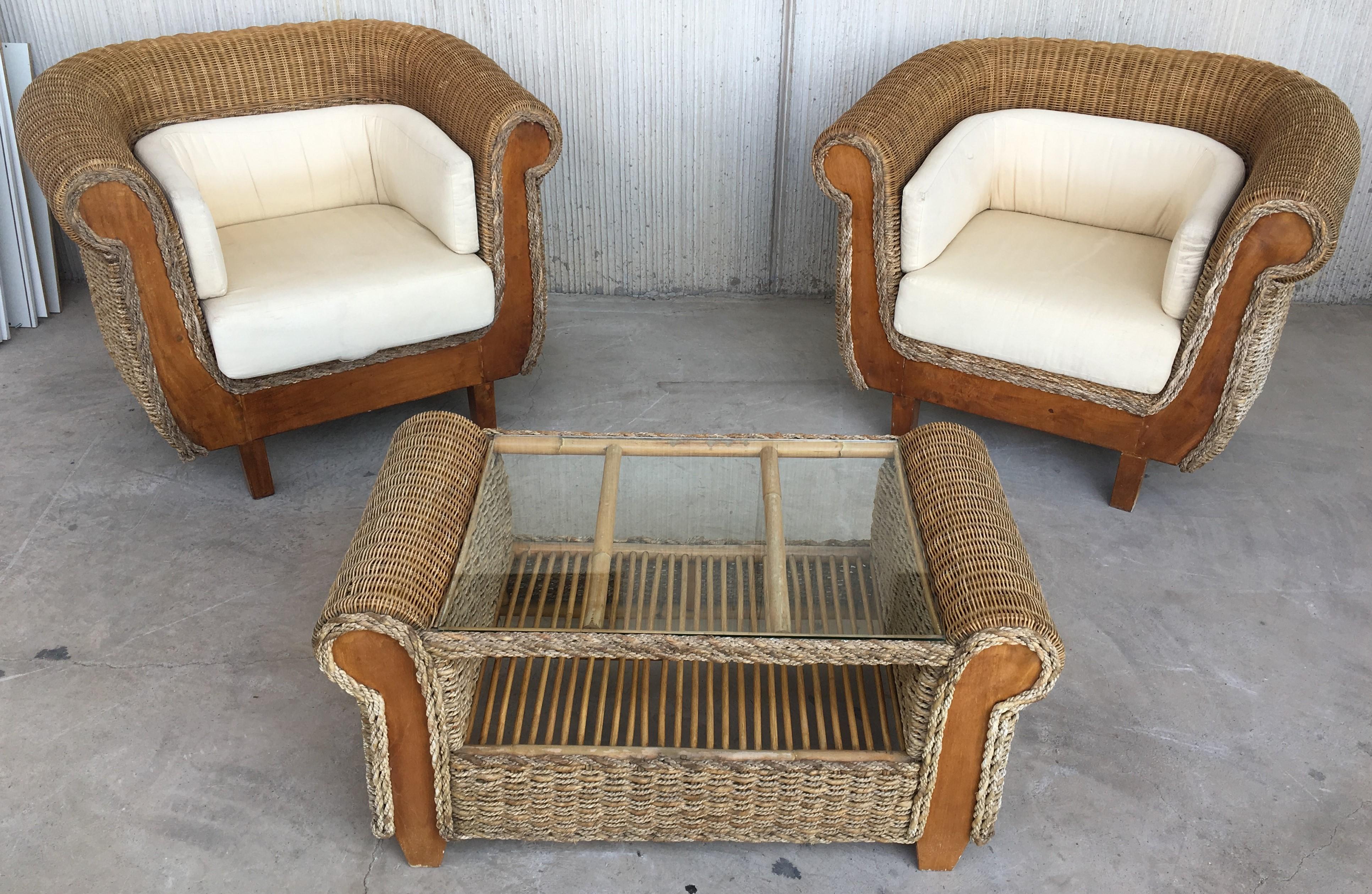 Midcentury Set of Rattan and Wood Big Lounge Armchairs   3