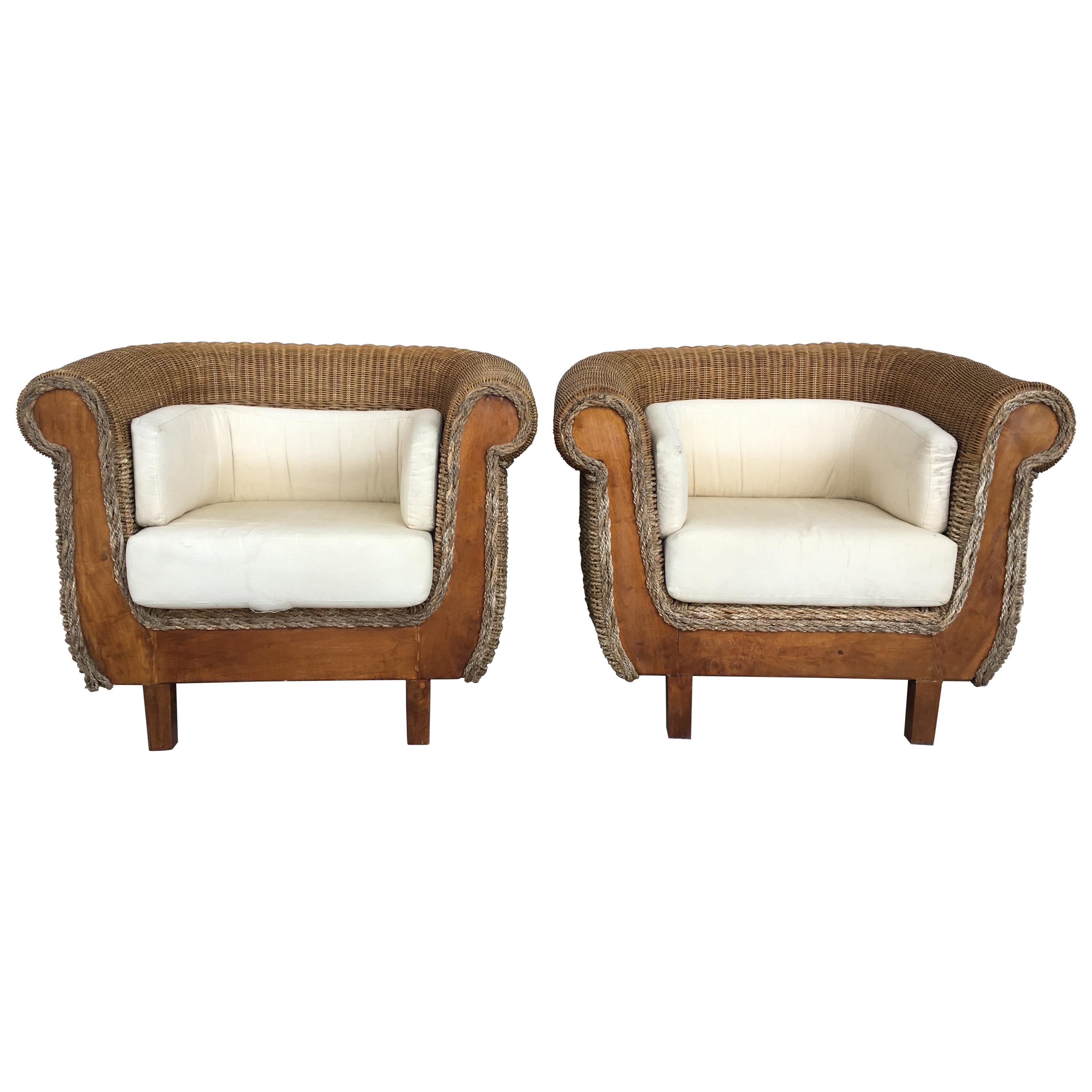 Midcentury Set of Rattan and Wood Big Lounge Armchairs  