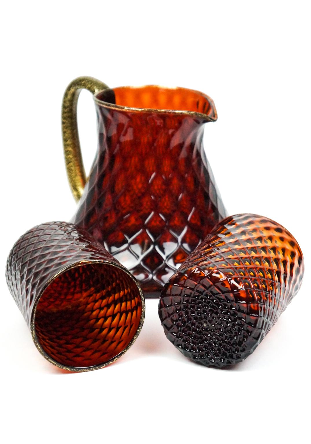 Juego de seis copas de Murano ámbar dorado con jarra, 1990 Italiano en venta