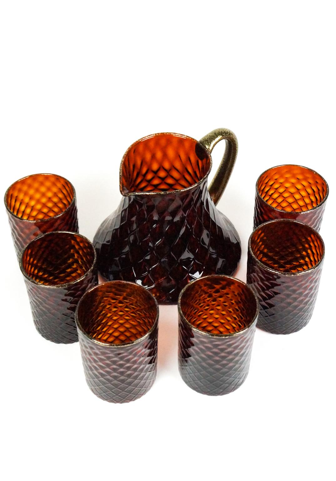 Hand-Crafted Midcentury Set of Six Amber Gold Murano Drinking Glasses with Jug, 1990 For Sale