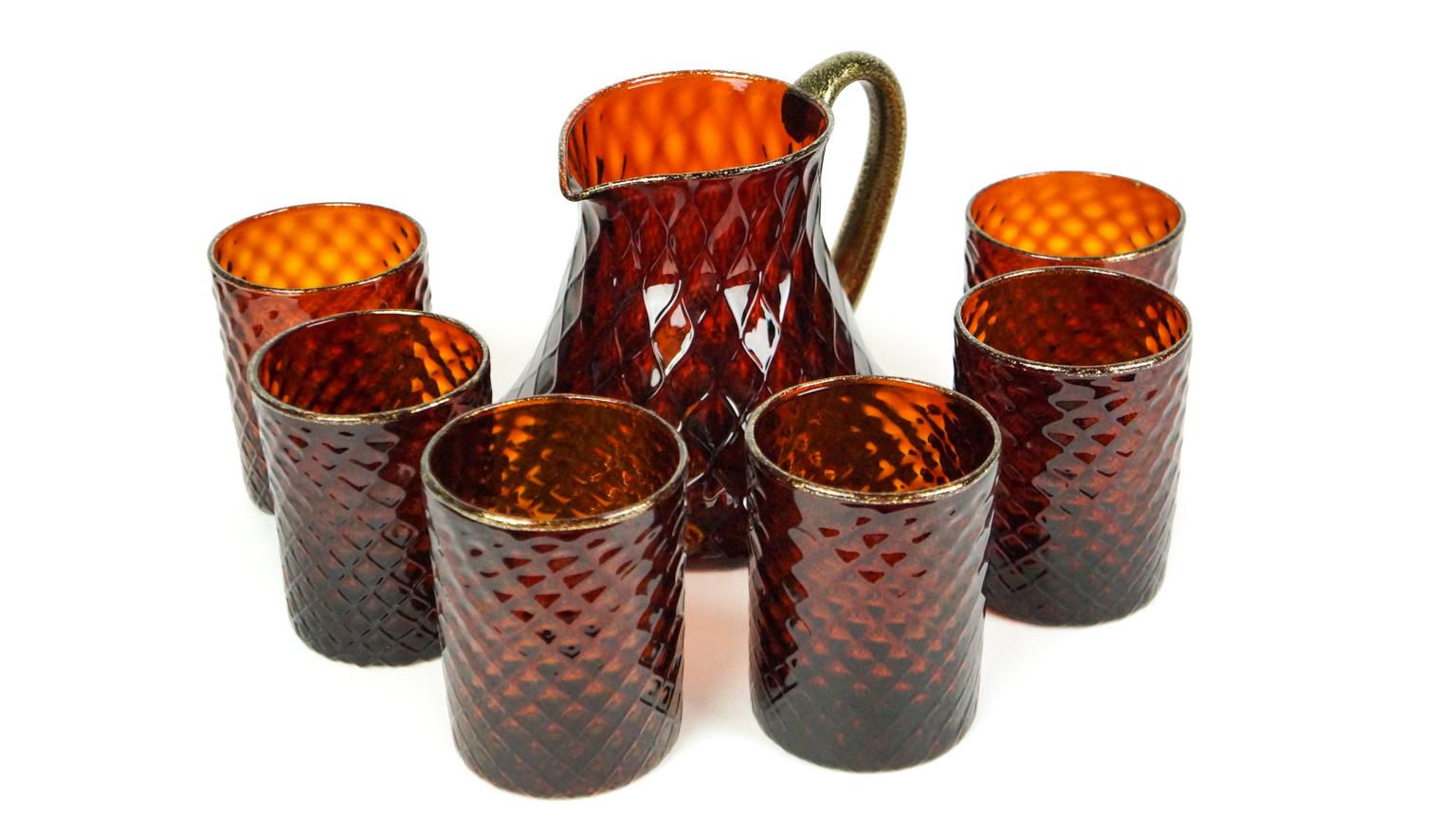 Late 20th Century Midcentury Set of Six Amber Gold Murano Drinking Glasses with Jug, 1990 For Sale