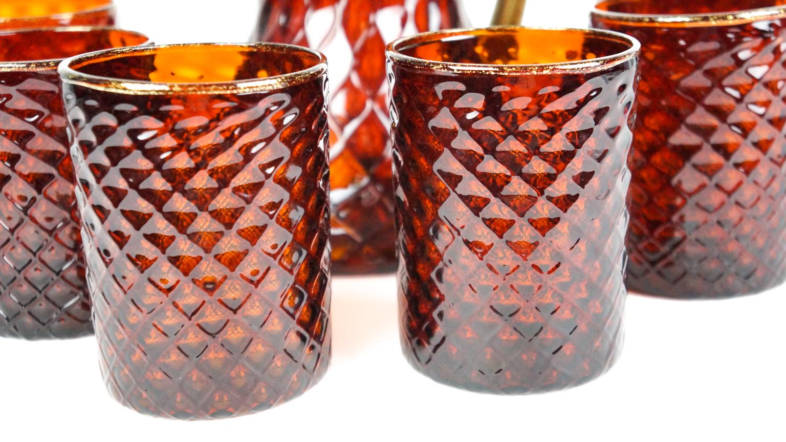 Murano Glass Midcentury Set of Six Amber Gold Murano Drinking Glasses with Jug, 1990 For Sale