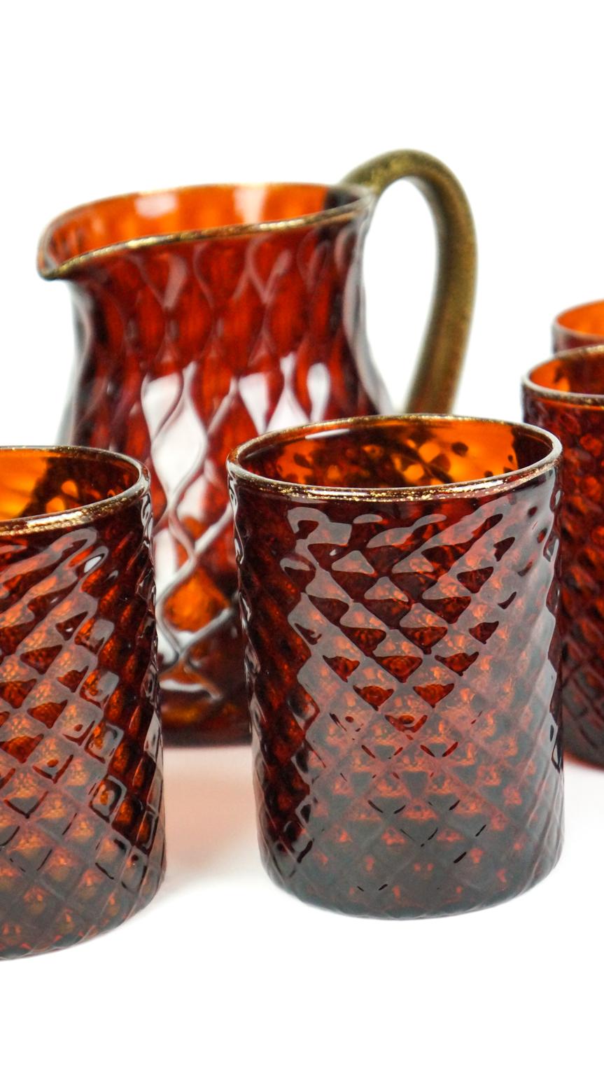 Midcentury Set of Six Amber Gold Murano Drinking Glasses with Jug, 1990 For Sale 1