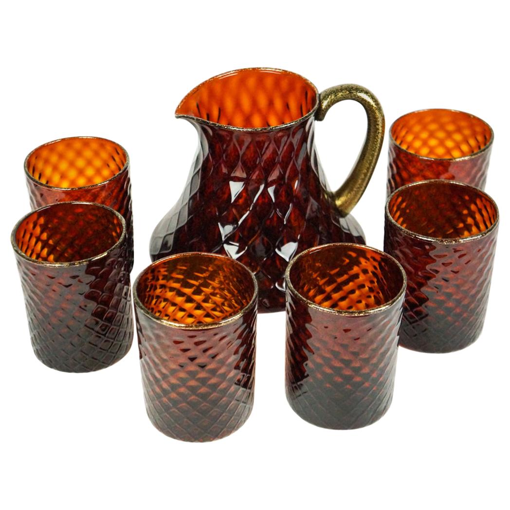 Midcentury Set of Six Amber Gold Murano Drinking Glasses with Jug, 1990 For Sale