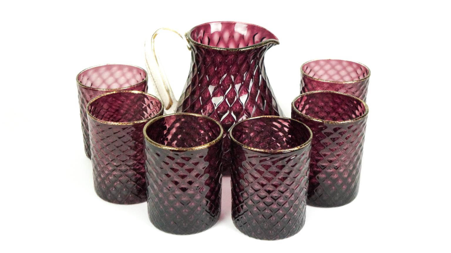 Late 20th Century Midcentury Set of Six Amethyst Gold Murano Drinking Glasses with Jug, 1990 For Sale