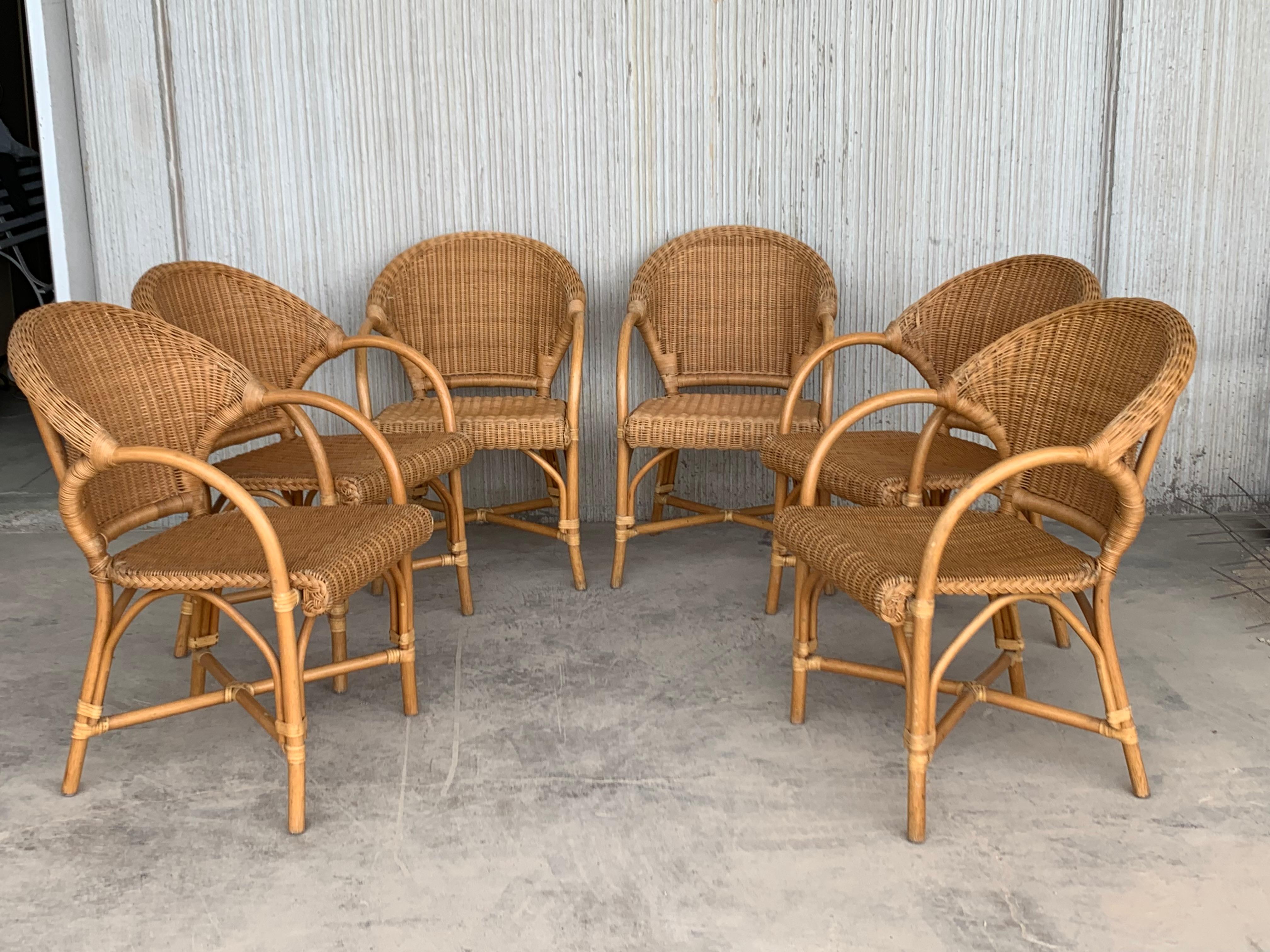 Mid-Century Modern Midcentury Set of Six Bamboo and Rattan Dining Room Armchairs