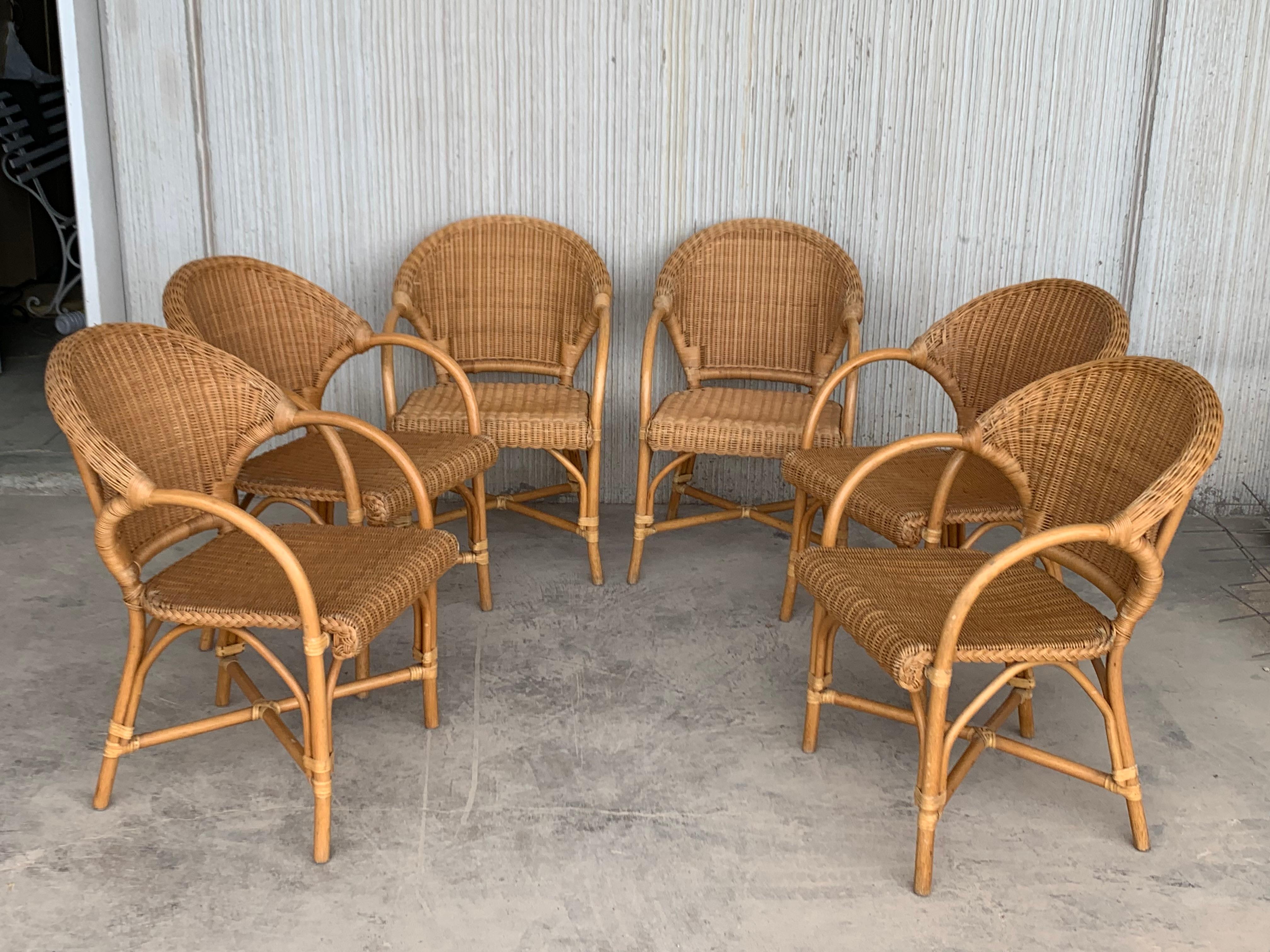 Spanish Midcentury Set of Six Bamboo and Rattan Dining Room Armchairs