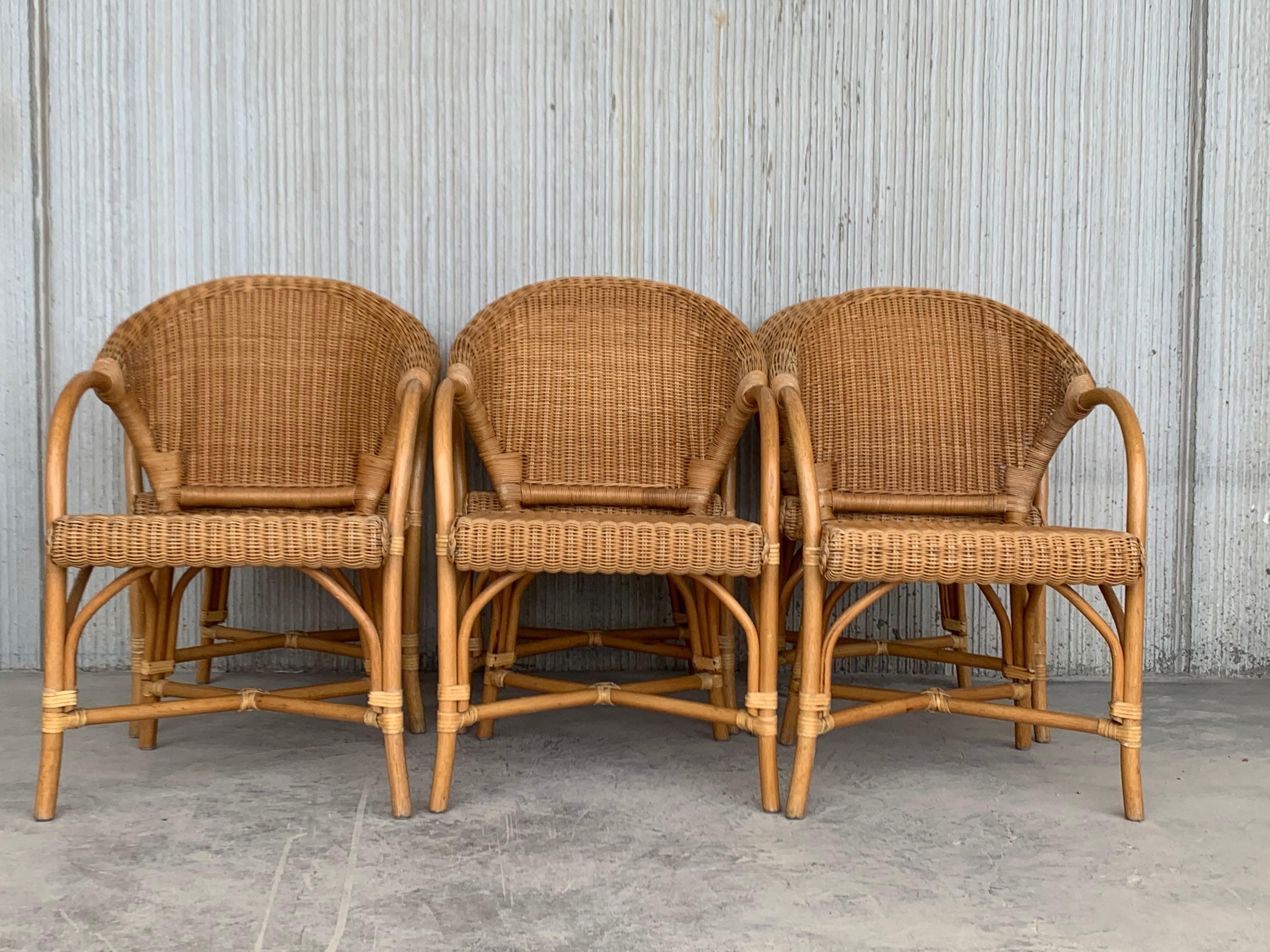 Midcentury Set of Six Bamboo and Rattan Dining Room Armchairs In Good Condition In Miami, FL