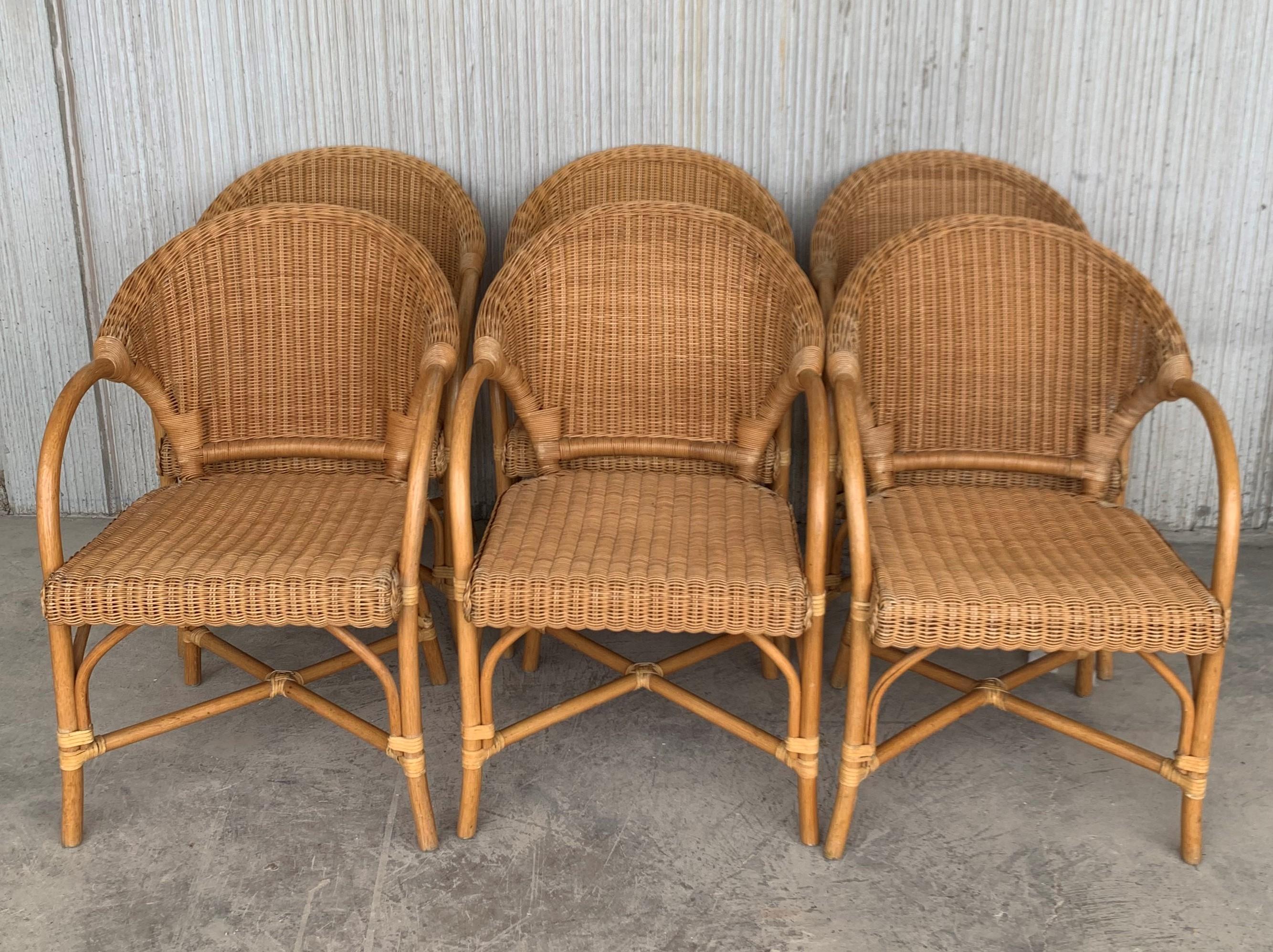 20th Century Midcentury Set of Six Bamboo and Rattan Dining Room Armchairs