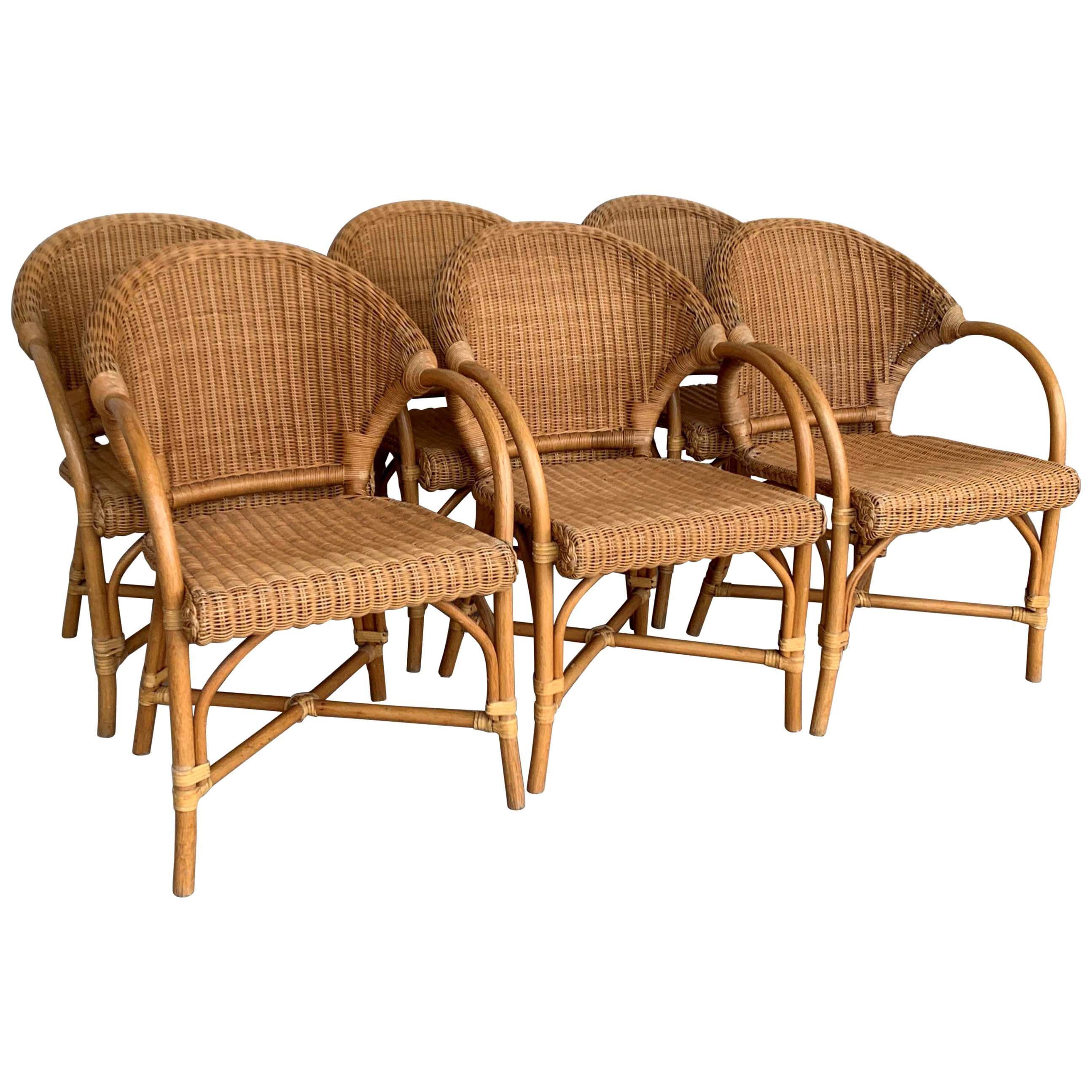 Midcentury Set of Six Bamboo and Rattan Dining Room Armchairs