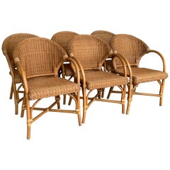 Midcentury Set of Six Bamboo and Rattan Dining Room Armchairs