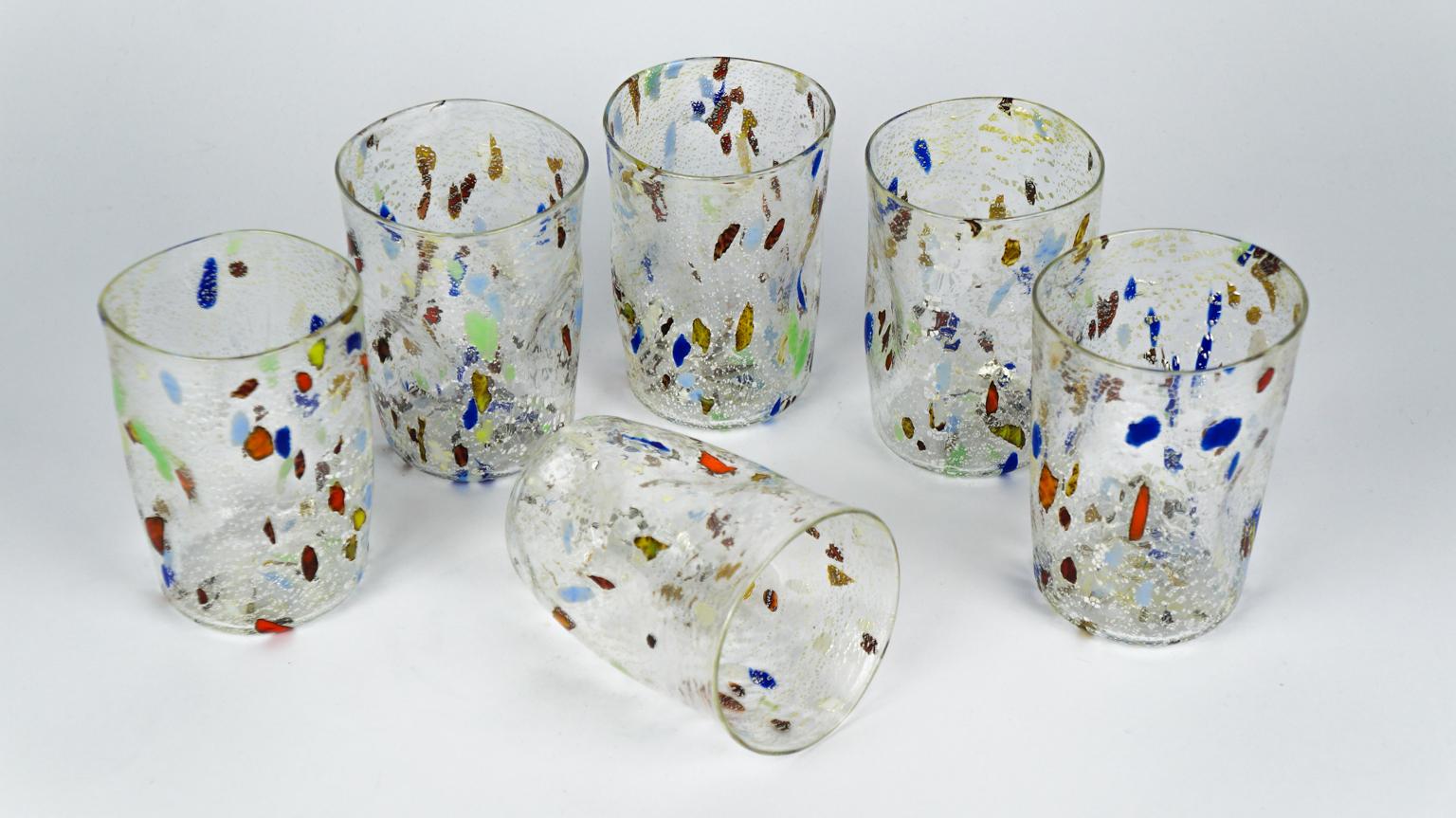 Magnificent series of 6 Murano glasses in Venetian blown glass.
This set is called 