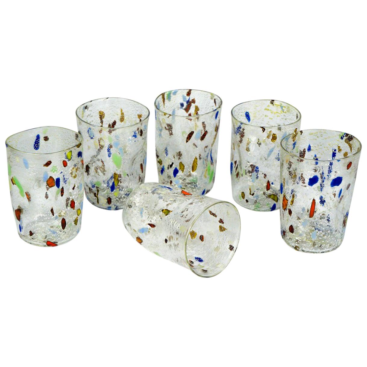 Midcentury Set of Six "Goti De Fornasa" Colorful Murano Drinking Glasses Tumbler