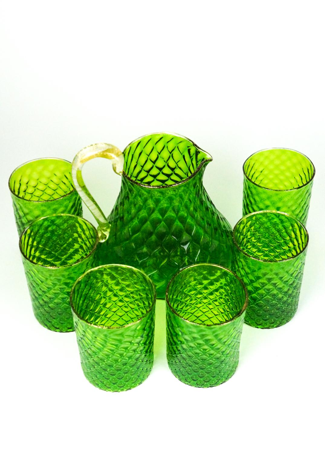 Late 20th Century Midcentury Set of Six Green Gold Murano Drinking Glasses with Jug, 1990 For Sale