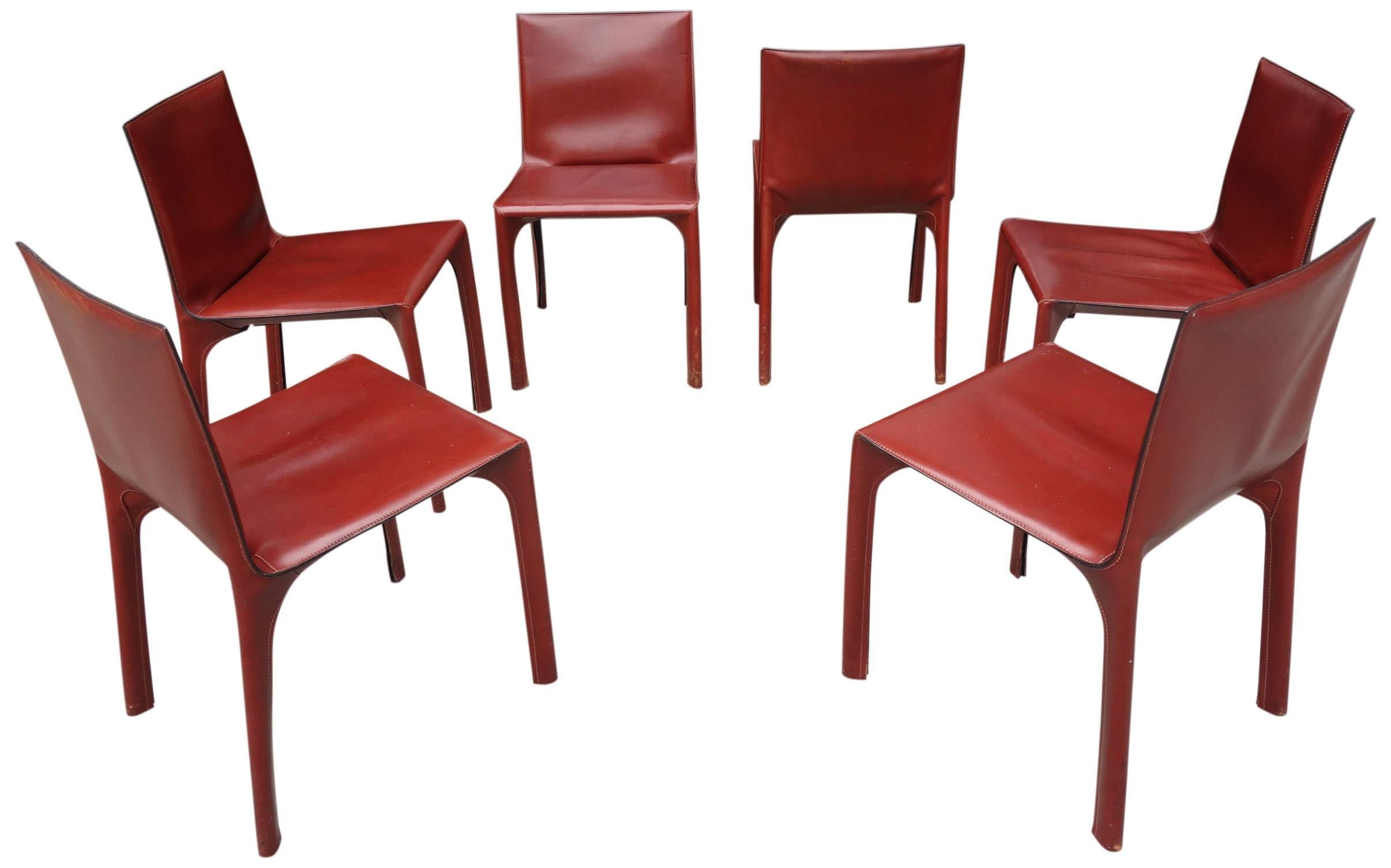 Italian Midcentury Set of Six Leather Dining Chairs