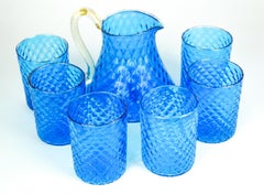 Midcentury Set of Six Light Blue Gold Murano Drinking Glasses with Jug, 1990