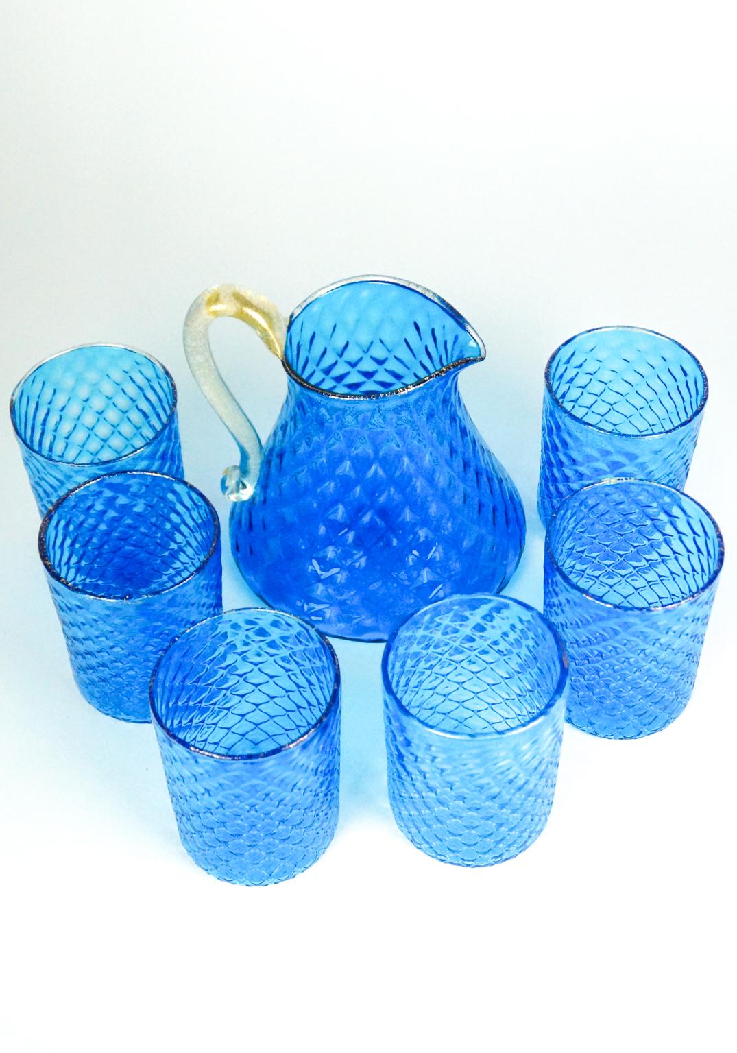 Italian Midcentury Set of Six Light Blue Gold Murano Drinking Glasses with Jug, 1990 For Sale